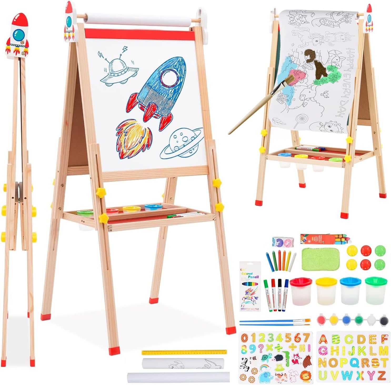 Kids Easel with Paper Roll Double-Sided Whiteboard & Chalkboard Height Adjustable Standing Easel Wooden Art Easel with Folding Storage Tray Numbers and Other Accessories Gift for Toddlers Boys Girls