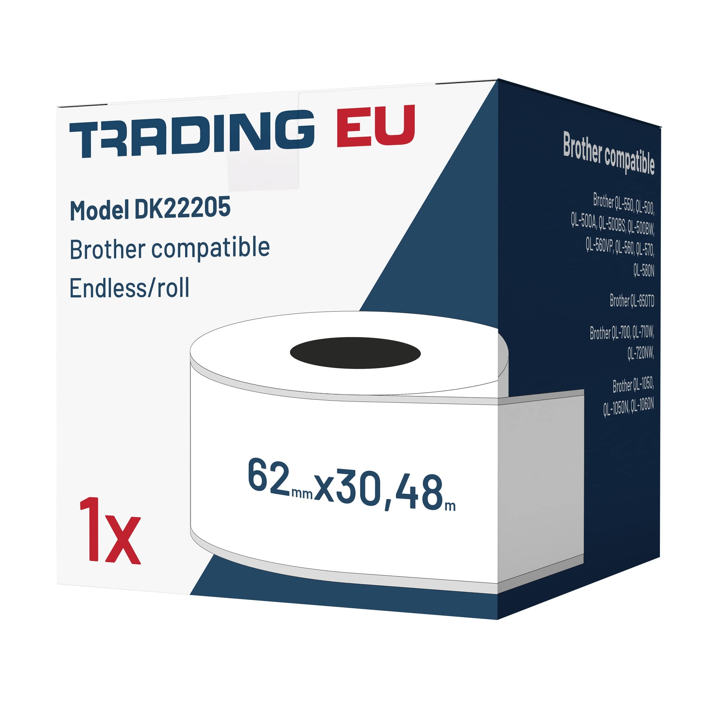 Rouleau d'étiquettes Brother QL Authentique DK-22205 DK-22205 Autocollantes Noir sur Blanc 62 mm x 30,48 cm | Viking Direct BE