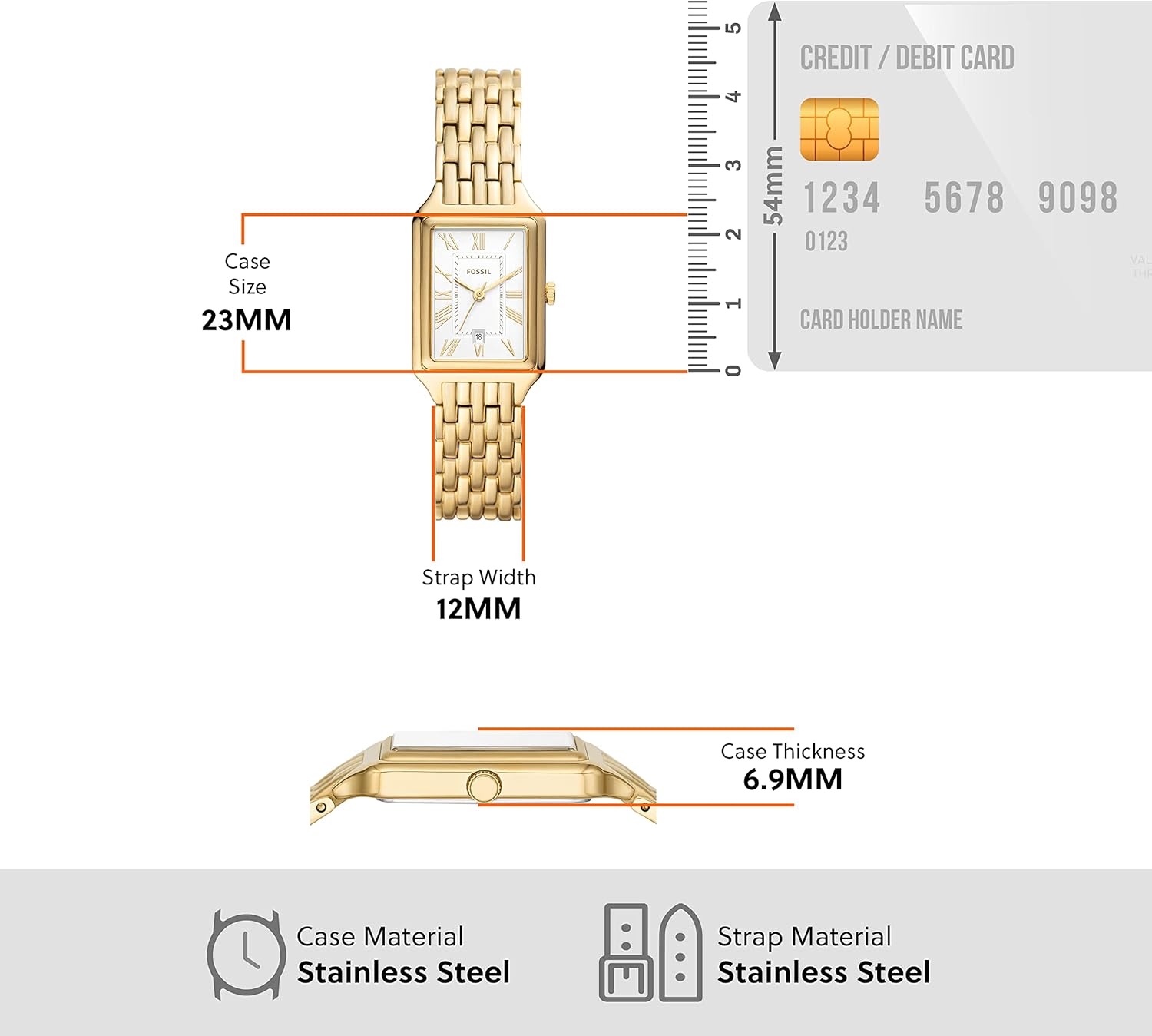 Vista 5 de Fossil Womens Raquel Quartz Rectangular Watch with Stainless Steel or Leather Strap