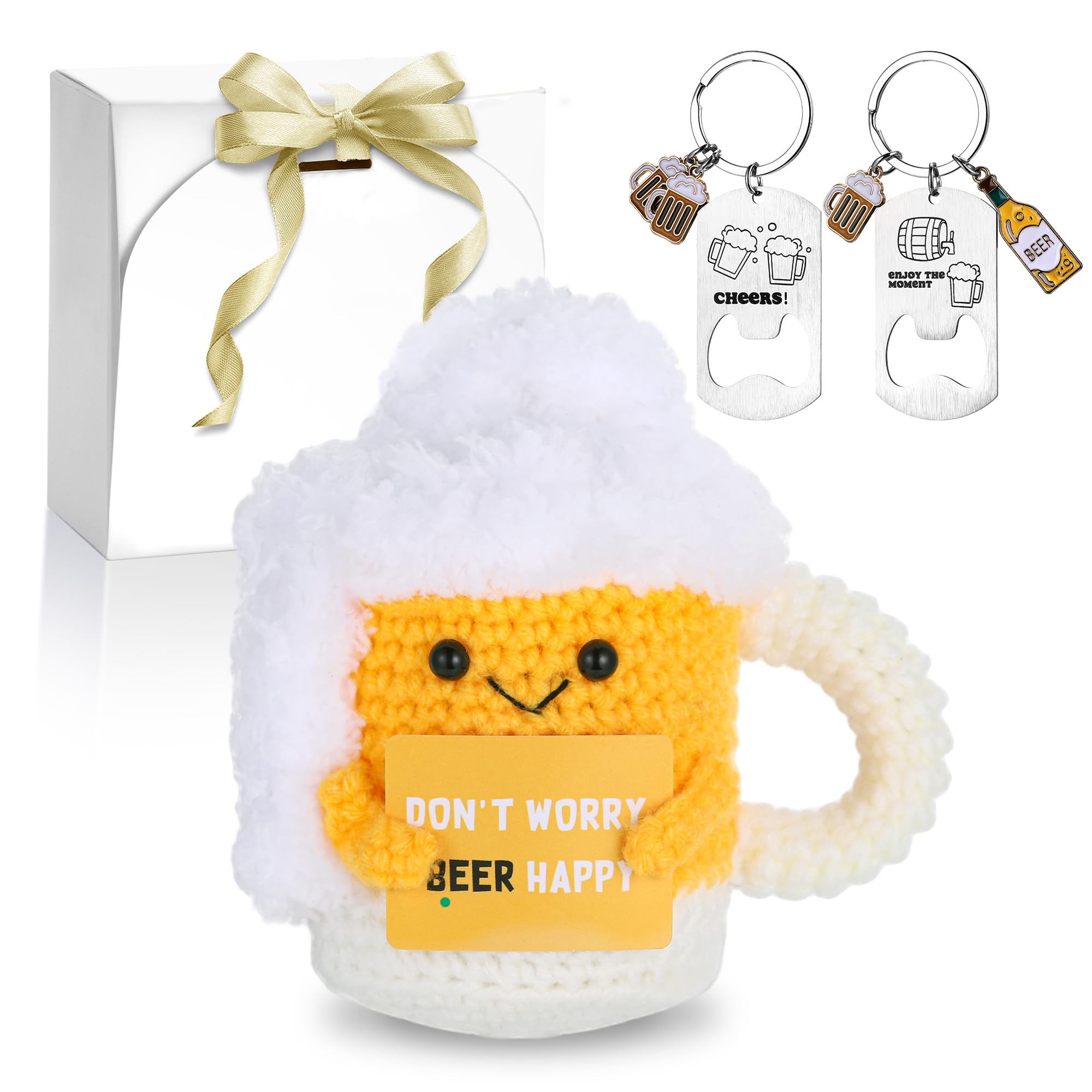 Regalo Cerveza Positiva Divertida, Muñecos de Ganchillo Jarra Cerveza con Tarjeta Positiva y 2 Llaveros Abrebotellas, Regalo Creativo Ganchillo para Amantes Cerveza, Familia, Amigos