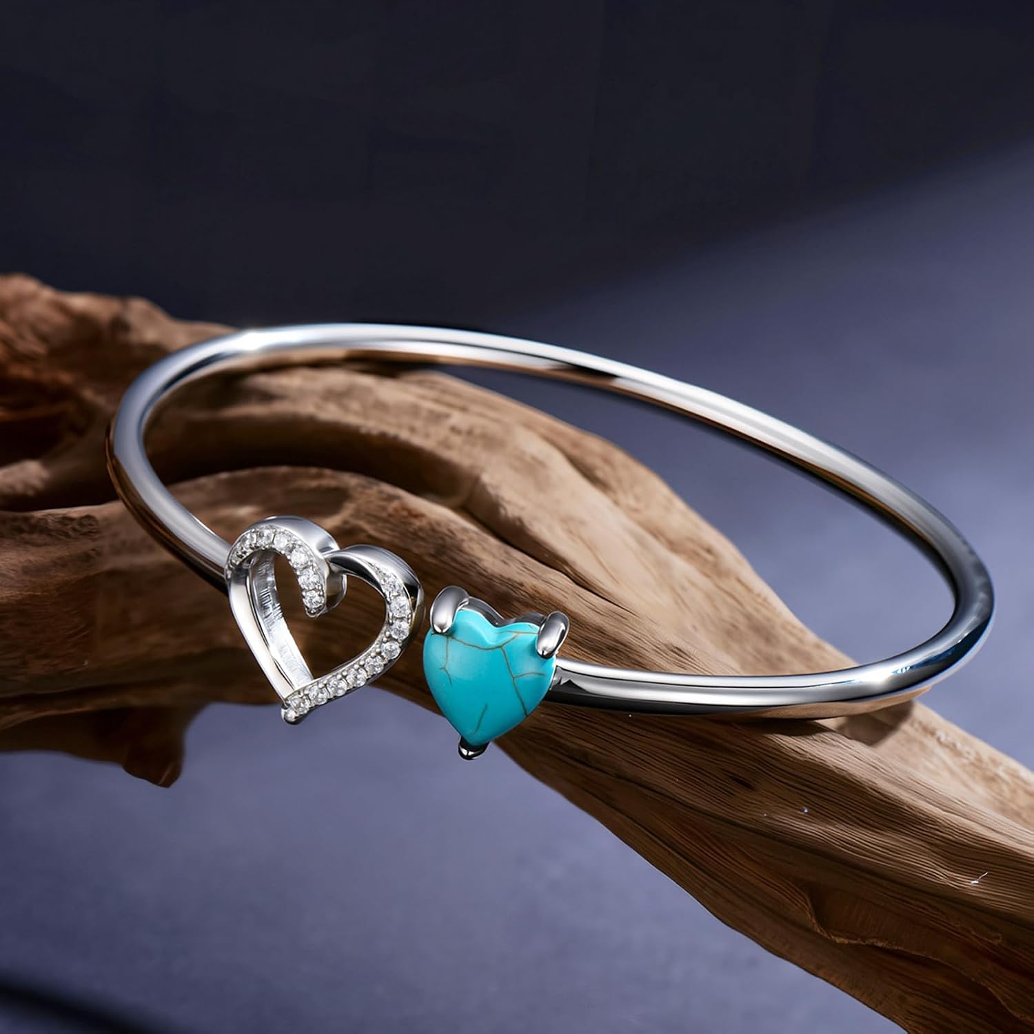 Genuine Turquoise Heart Bracelet, Sterling Silver Native American Dainty Bangle Adjustable Cuff Jewelry for Women, Fit for 6.5 7 7.5 Inches