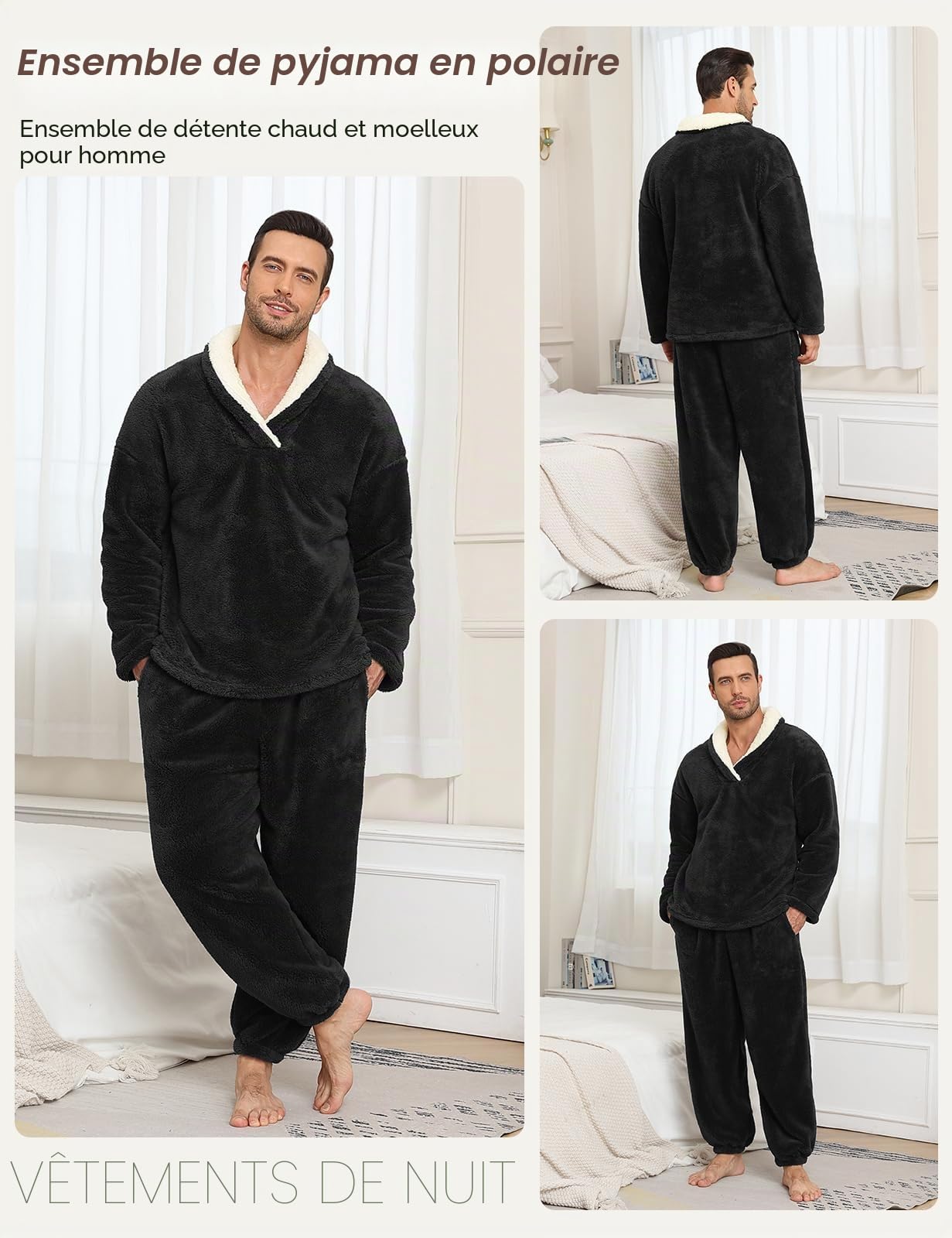 Voqeen Pyjama Homme Hiver en Duvet d'oie 2 Pieces Pijamas Homme Pyjama à Manches Longues en Laine Polaire Douce et Chaude pour La Maison