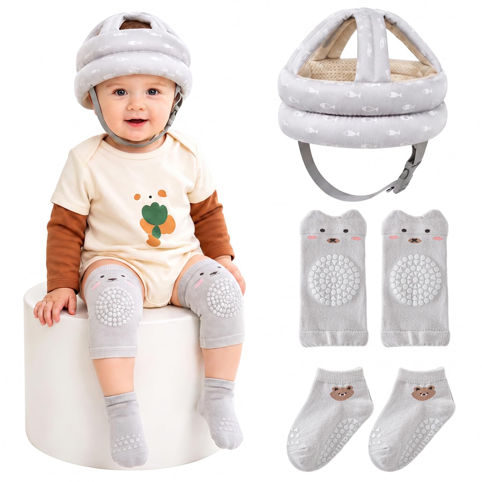 3-Piece Set Baby Head Protector with Knee Pads, Adjustable Breathable Safety HeadGuard for Crawling Walking, Lightweight Cotton Helmet for 8-36 Months Boys Girls (Grey)