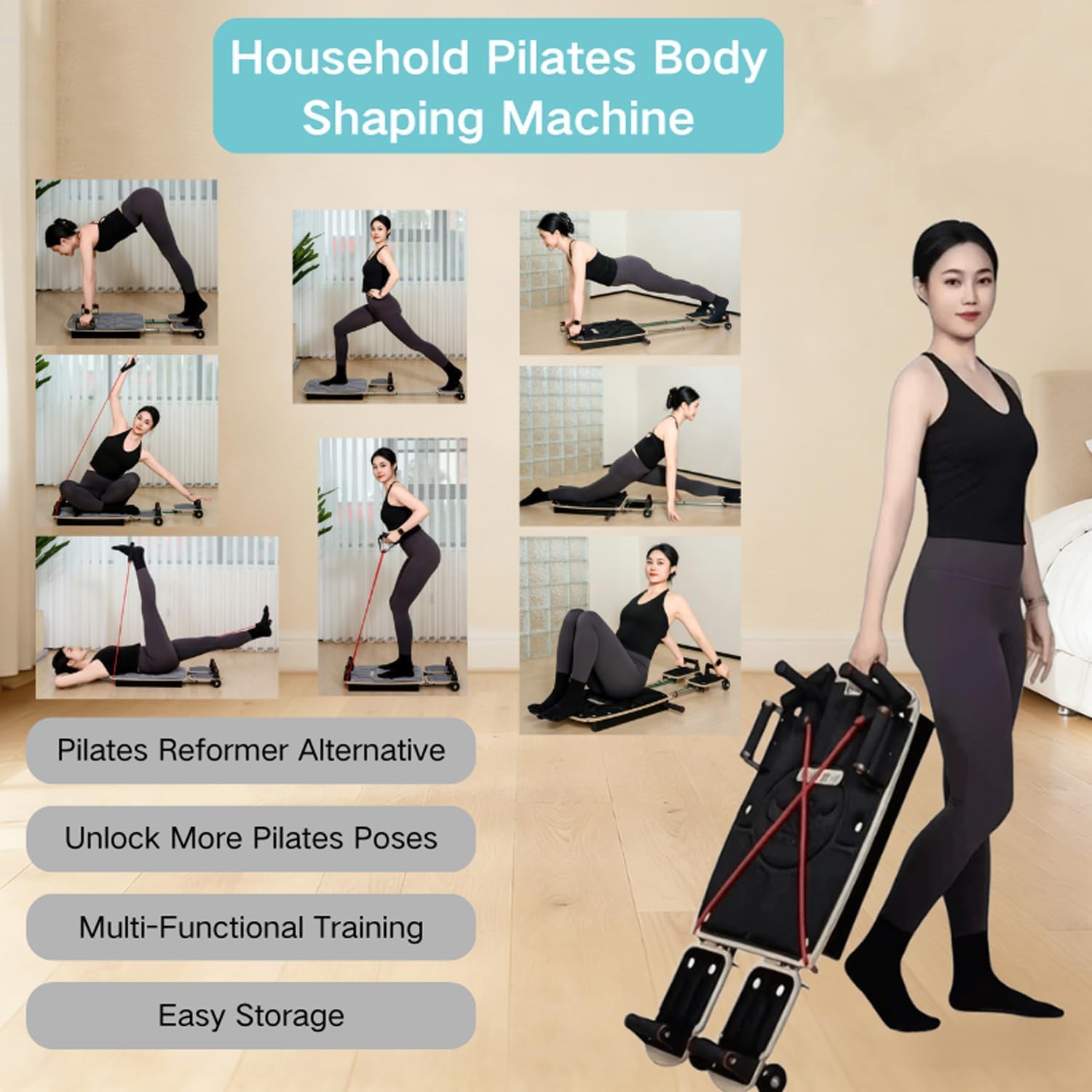 Tabla De Pilates Reformer para Entrenamiento En Casa, Tabla De Pilates Plegable De Madera con Almohadillas Dobles Y Divididas para Los Pies, Bandas De Resistencia Ajustables, Black