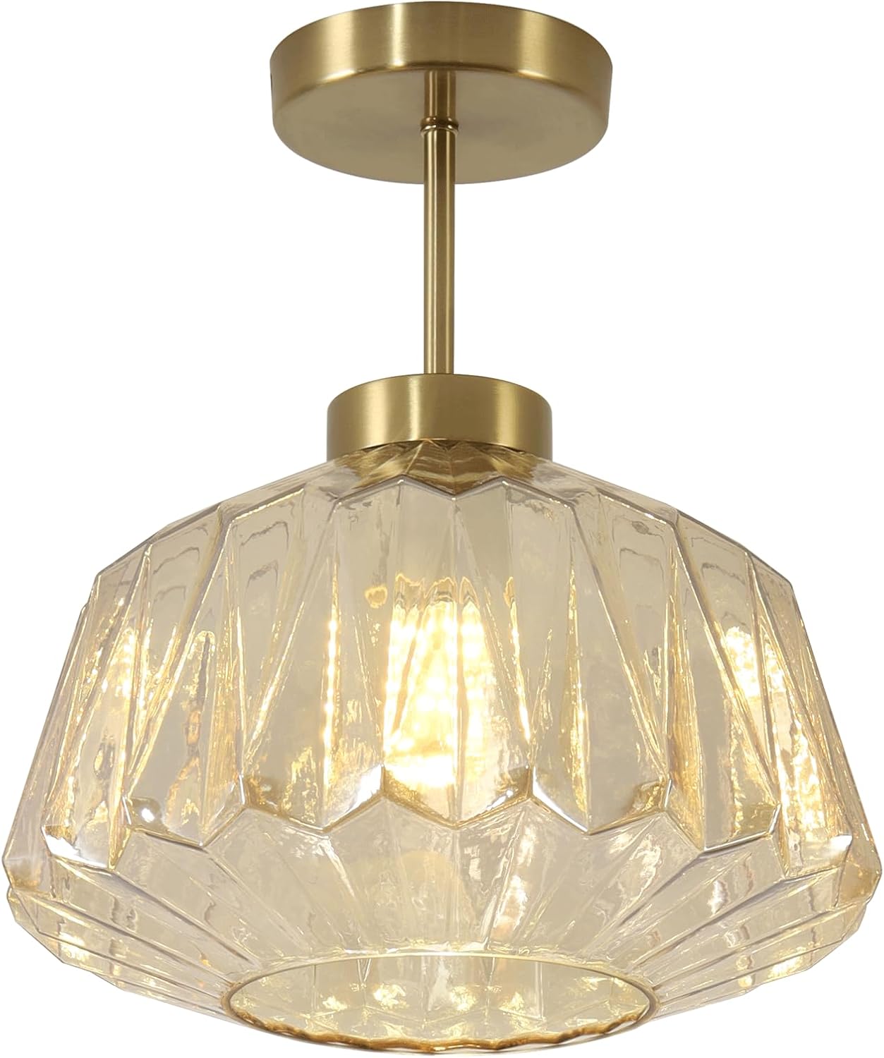 Gold Light Fixture, Amber Semi Flush Mount Ceiling Light, Glass Close to Ceiling Light Fixtures with Glass Shade Industrial Modern Lights for Dining Room, Bedroom, Entryway MCL31A