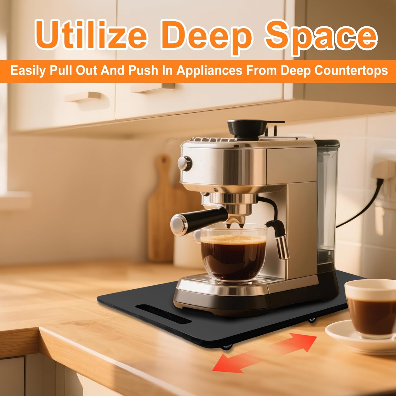 Bamboo Appliance Slider, Elegant Sliding Tray for Coffee Maker & Heavy Kitchen Appliances, Rolling Tray with Rubber Wheels, Countertop Mat Pad Slide Easily from Under The Cabinet (13"L × 16"W)