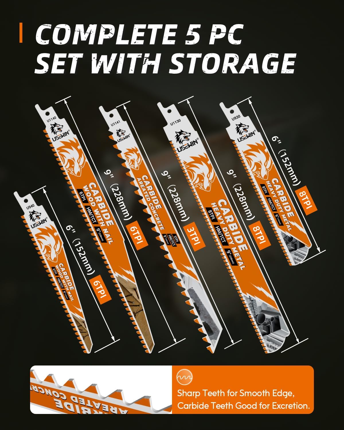 5 Pack Carbide Reciprocating Saw Blade Set, Premium Metal Blades Set for Nail Embedded Wood, Concrete, Heavy Metal, Cast Iron, Alloy Steel Cutting, Heavy-Duty for Demolition
