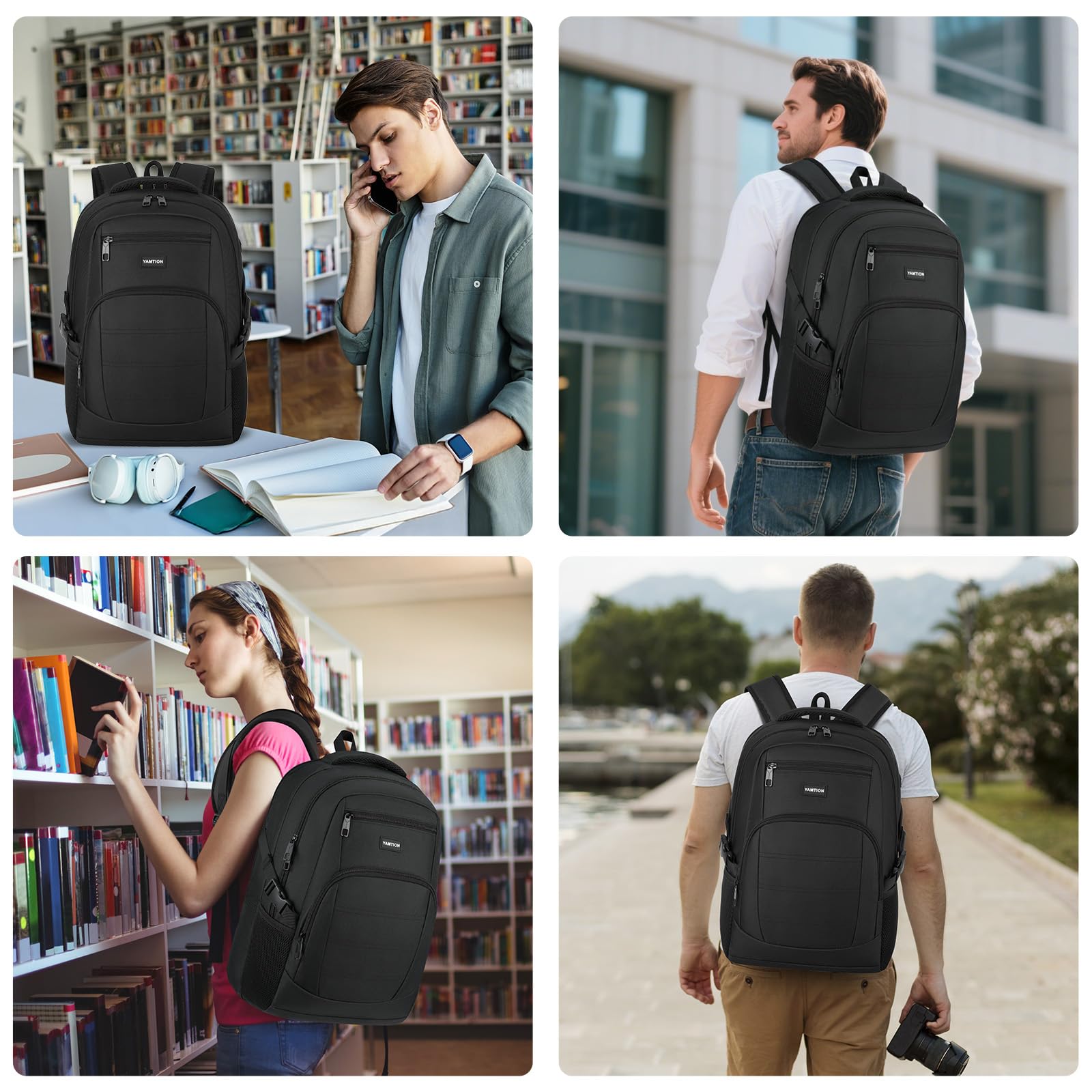 YAMTION Zaino nero per uomini e donne, zaino per computer portatile con porta di ricarica USB, zaino per la scuola per ragazzi e ragazze, zaino leggero per libri da lavoro, adatto per notebook da 17,3