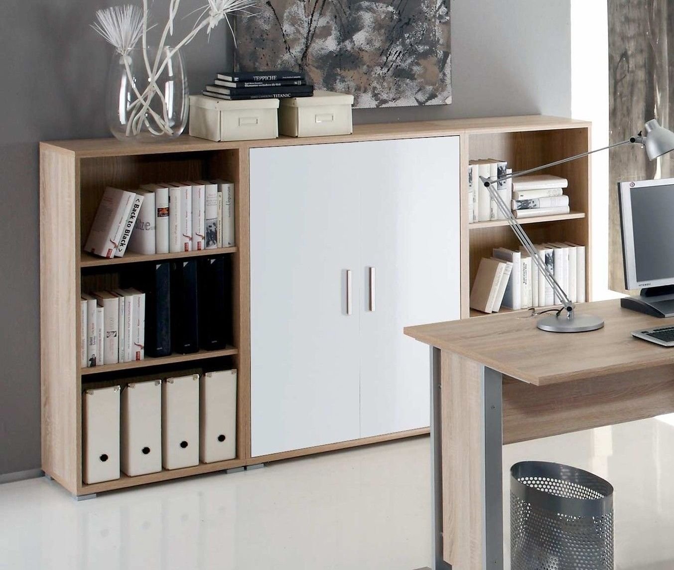 moebel-dich-auf Arbeitszimmer mit Winkelschreibtisch komplett Set Office Line mit Highboard in Eiche Sonoma/Weiß