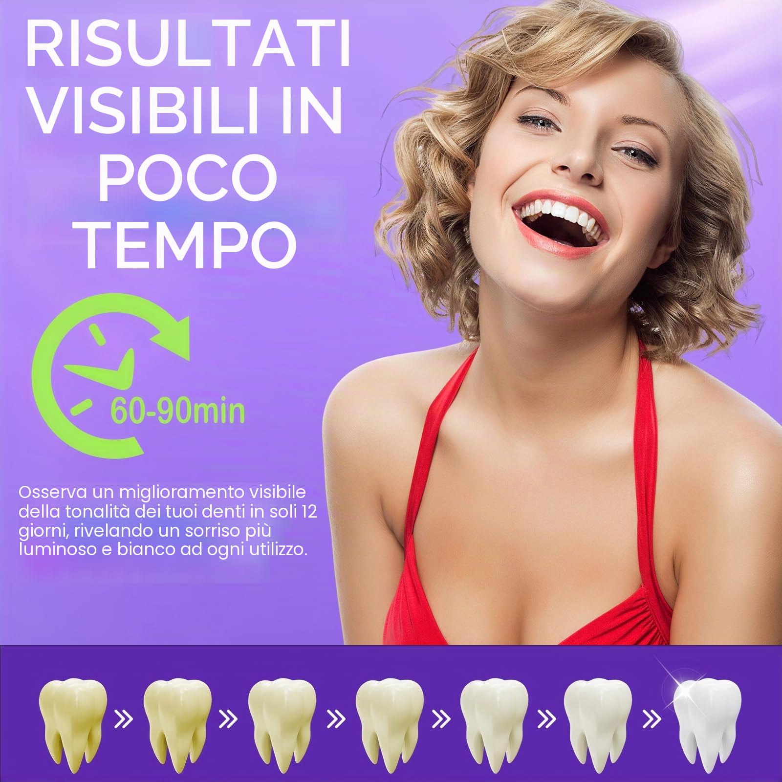 Strisce sbiancanti viola, confezione da 28 pezzi per sbiancamento dei denti per 14 trattamenti, risultati rapidi 30 minuti, formula resistente, sicuro e antiscivolo per tutti