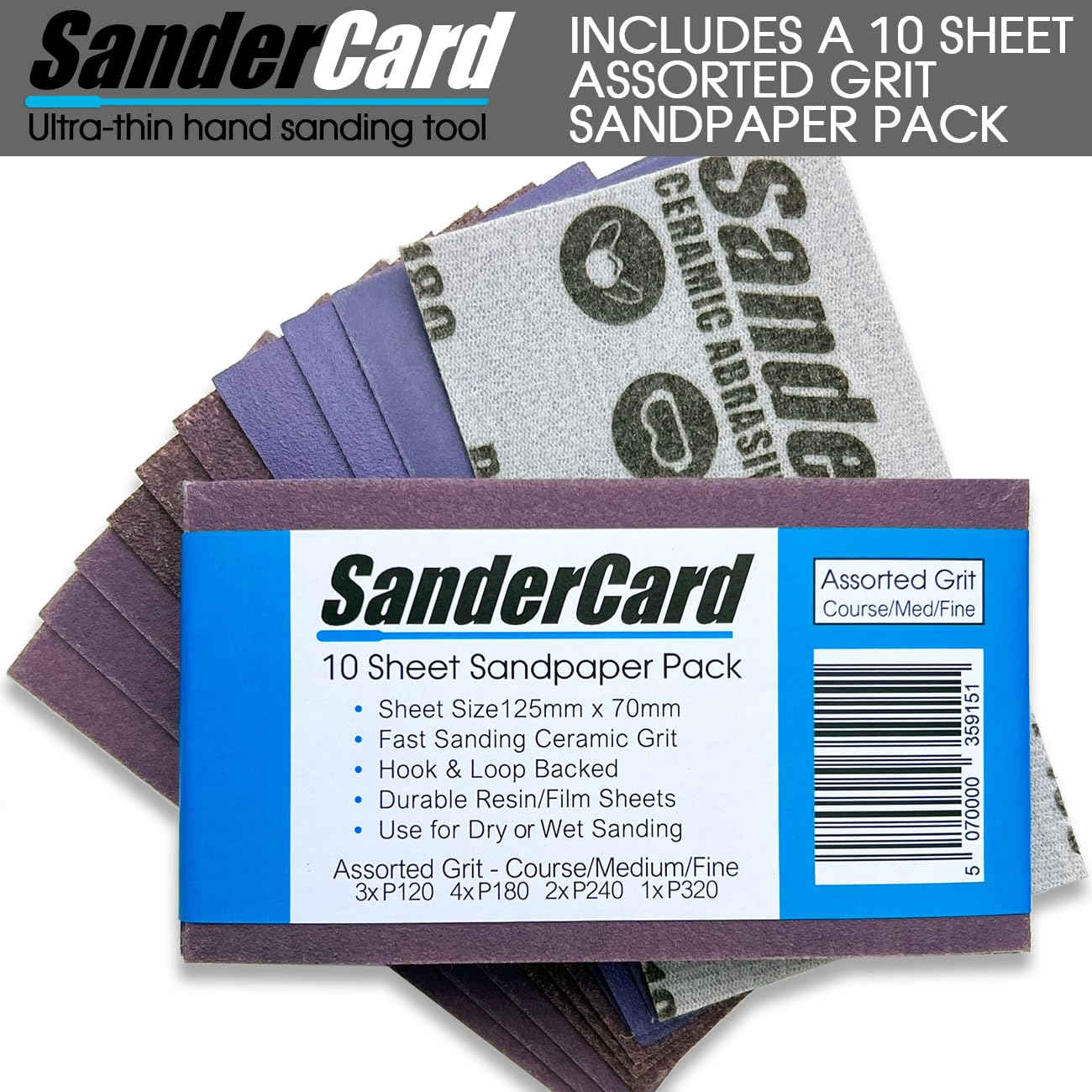 Hand Sander | Ultra-Thin Shape | Unique Sanding Action | Includes 10 Sheet Sandpaper Pack | Fits 70mm x 125mm (2.8'' x 4.92'') Sanding Block Sheets or Cut from 2-3/4'' Rolls