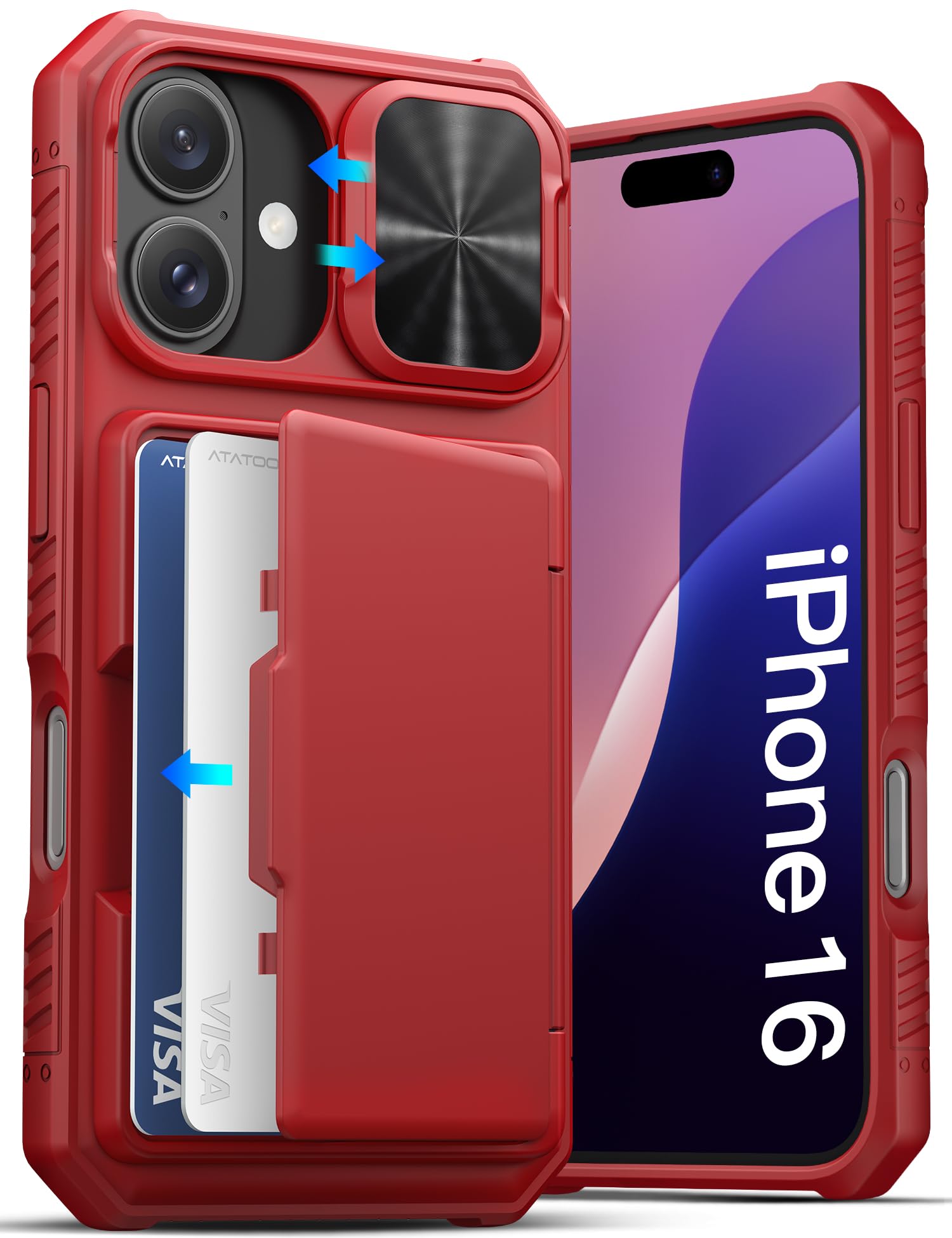 ATATOO for iPhone 16 Case Wallet with Card Holder (Store 3-5 Cards), Red
