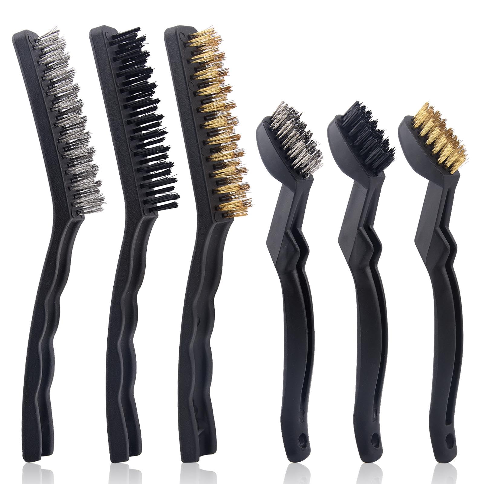 6Pcs Wire Brushes Set, 9" and 7" Wire Brushes for Cleaning Welding Slag, Rust and Dust Includes Copper, Nylon, Stainless Steel Brushes with Strong Handle(Black)
