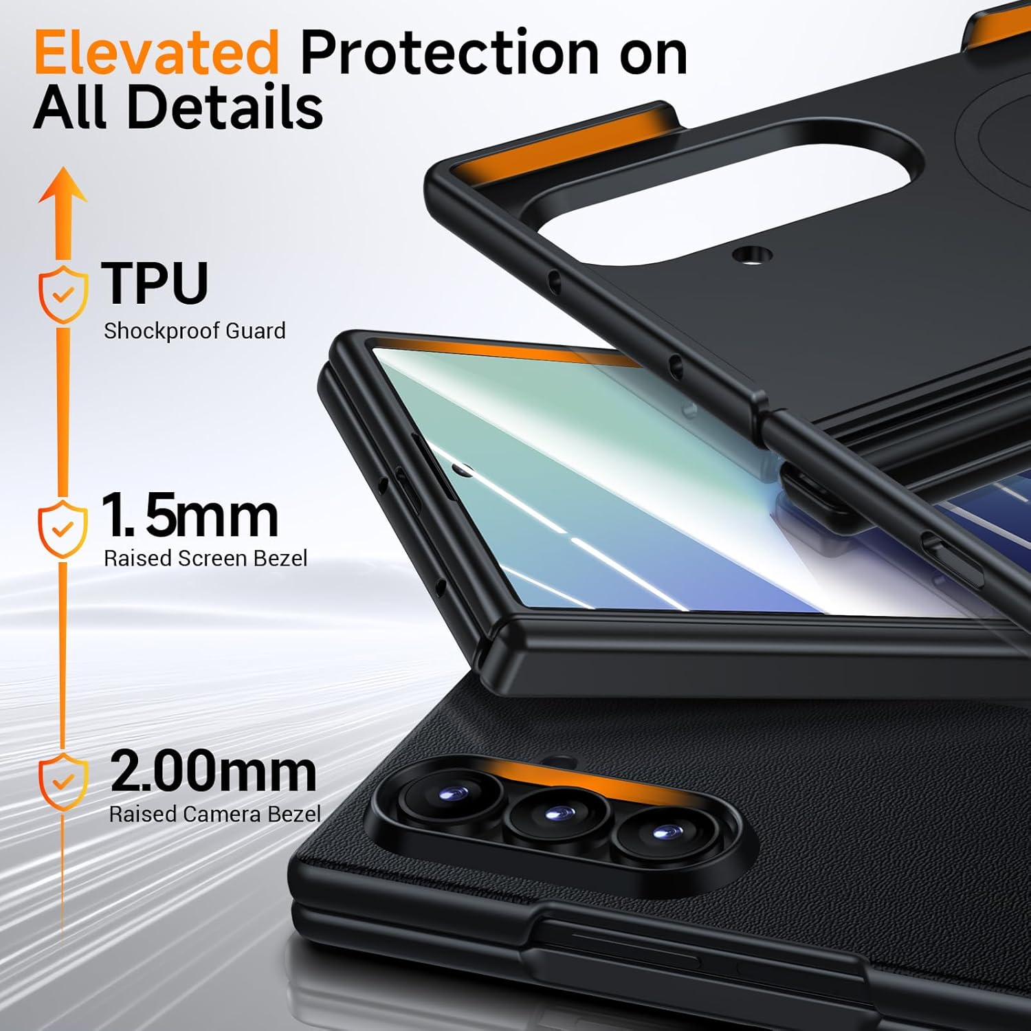 Magnetic for Galaxy Z-Fold-7 Leather Case: Fit for MagSafe Wireless Charging, Military Grade Hinge Protection, Screen Protector, Durable Shockproof Magnet Phone Cover for Samsung Z Fold 7 Case, Black
