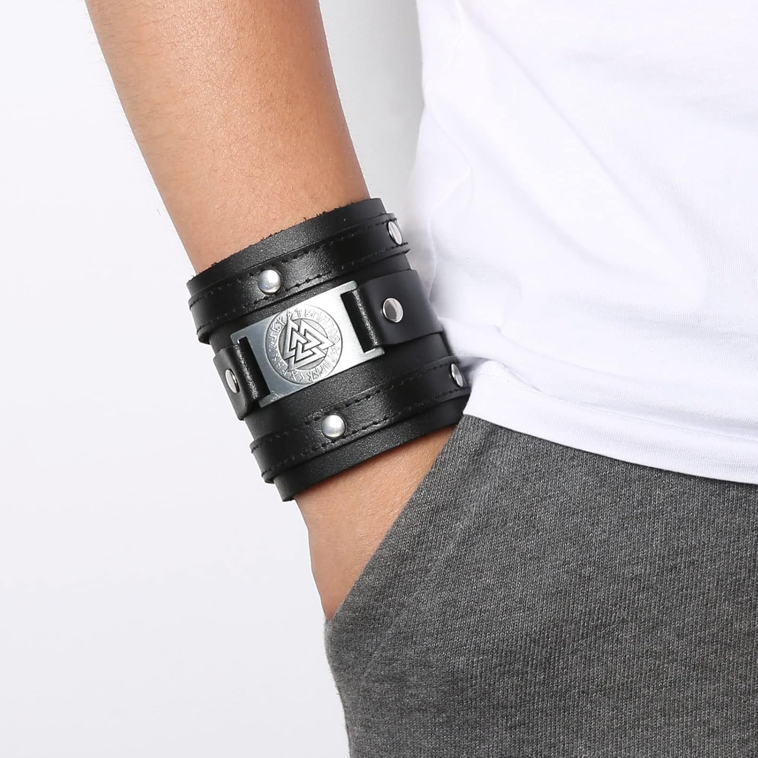 HZMAN Leather Bracelets for Men Viking Retro Wide Cuff Bracelet Black Leather Wristband Bracelet Jewelry Gift - Image 7