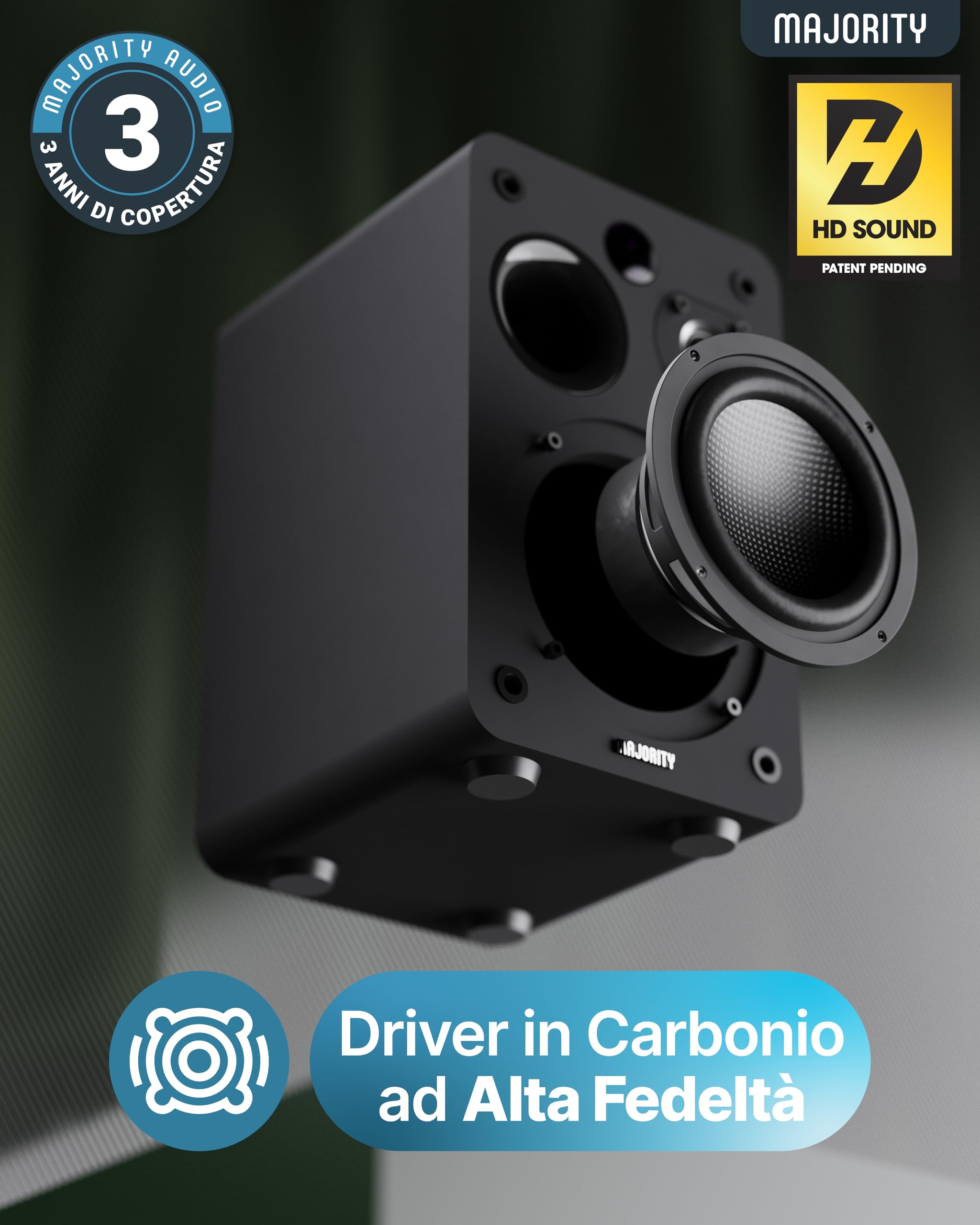 Majority Cassa Bluetooth Potente 70W | HDMI ARC | Dual Drivers | Coni in Fibra di Carbonio | Cassa Amplificata Bluetooth | Optical AUX Phono | Telecomando EQ | Casse per TV e Stereo Casa D70X (Nero)