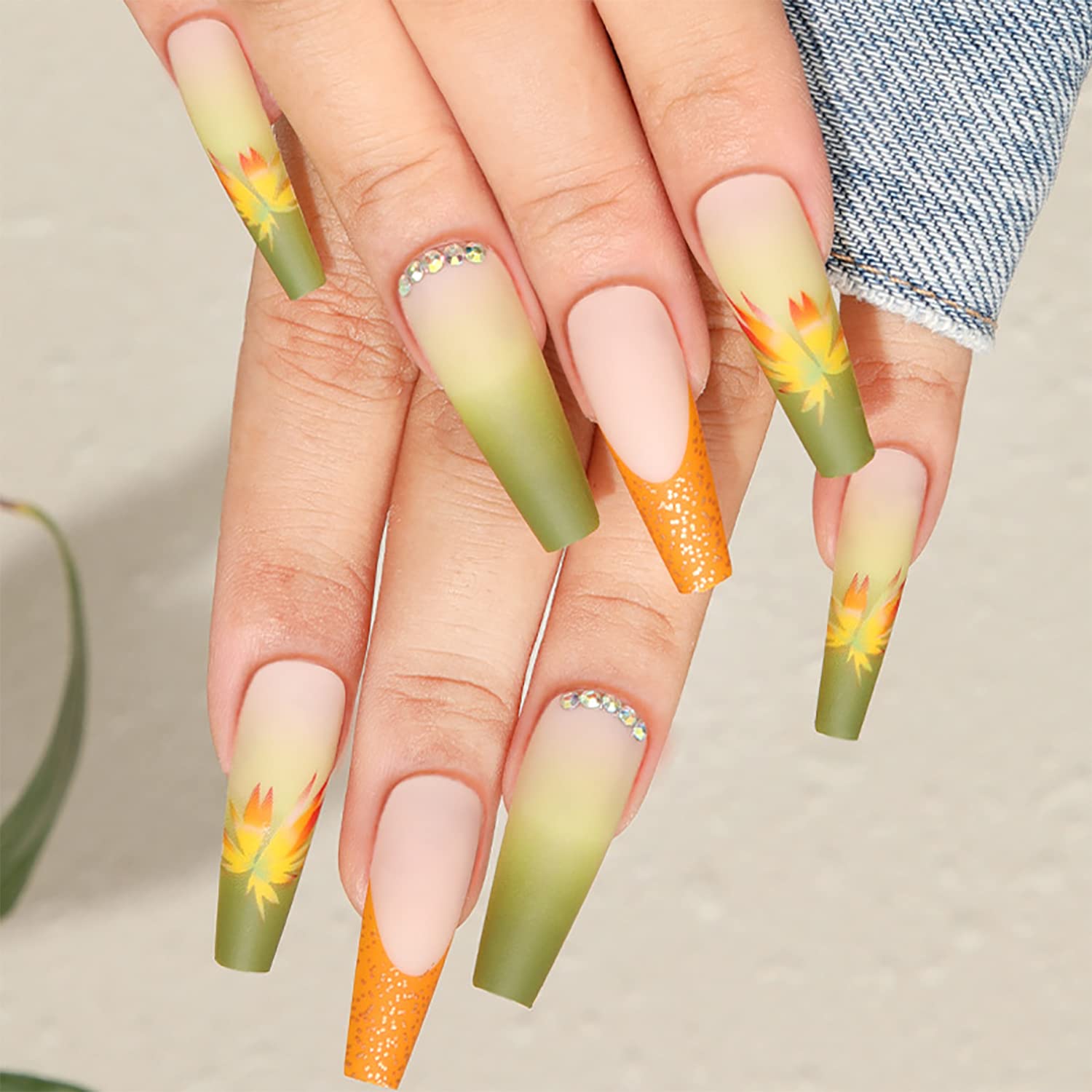 Fall Press on Nails Long Coffin Fake Nails Full Cover Stick on Nails Autumn Thanksgiving Maple Leaves False Nails with Designs Yellow with Rhinestones Press on Nails Acrylic Nails for Women Girls