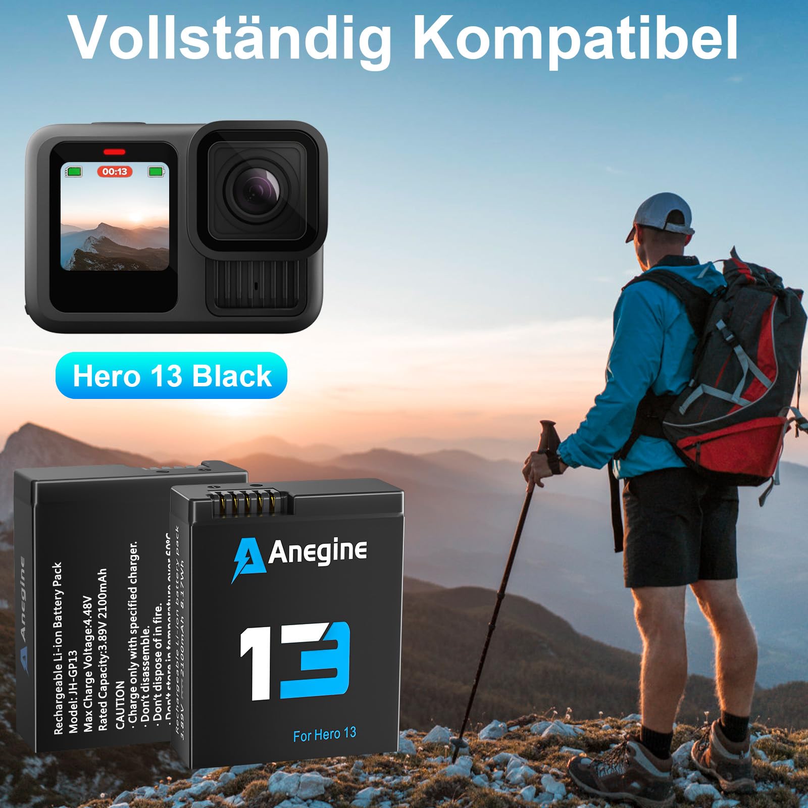 Anegine Hero 13 Akku 2100mAh und LED 3-Kanal USB Speicherladegerät für Hero 13 Black Enduro Wiederaufladbarer Akku mit Typ-C (2er-Pack)