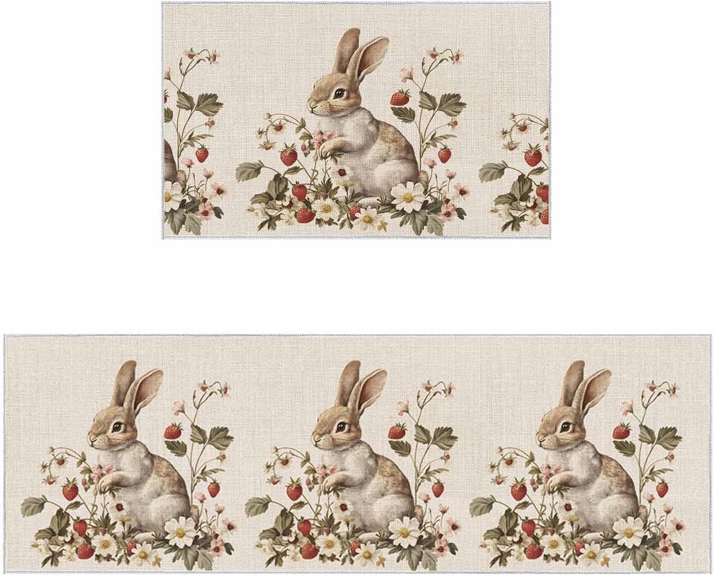 2 Pieces Kitchen Rugs and Mats,Watercolor Easter Rabbit Strawberry Flower Area Runner Rug Set Non Slip Floor Doormat Washable Carpet Standing Mat for Kitchen Sink Indoor Corridor,Retro Farm Animal