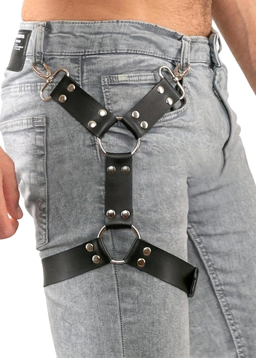 Men Adjustable Leg Harness Belt Faux Leather Thigh Strap with Alloy Rings, Punk Gothic Pants Accessory for Streetwear Festival Costume(Thigh 19.1-27.2in)