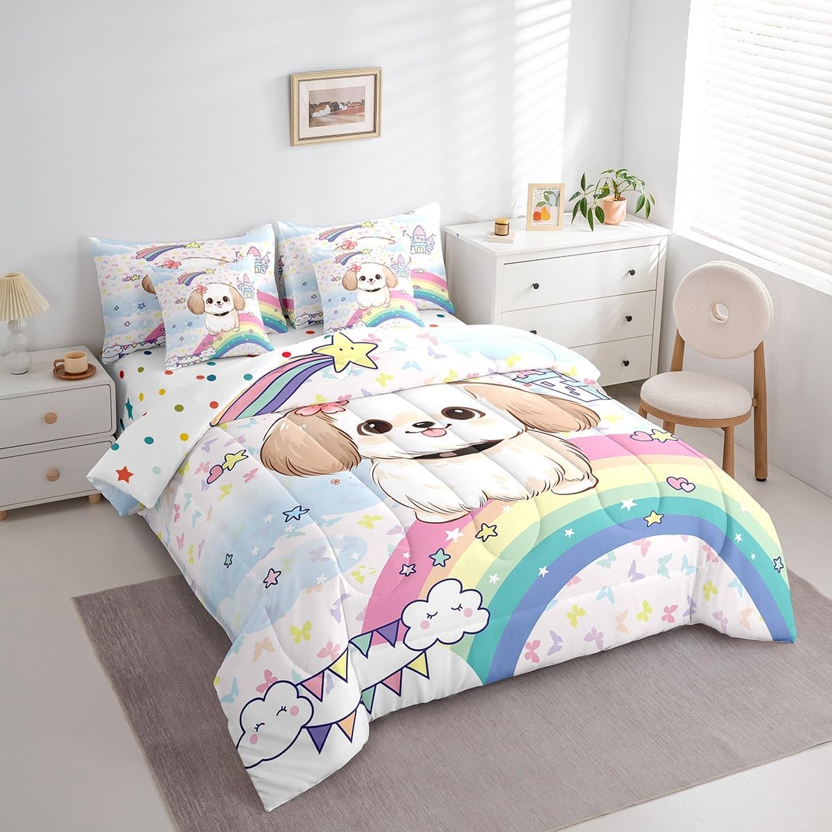 Feelyou Cartoon Dog 7 Pieces Bedding Set Twin Size, Cute Dog Bed in A Bag Rainbow Dog Comforter Set with Sheets Dog Bed Set 7Pcs
