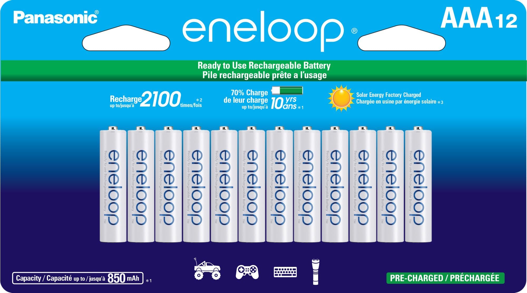 Panasonic BK-4MCCA12BA Eneloop AAA 2100 Cycle Ni-MH Pre-Charged Rechargeable Batteries, 12 Pack