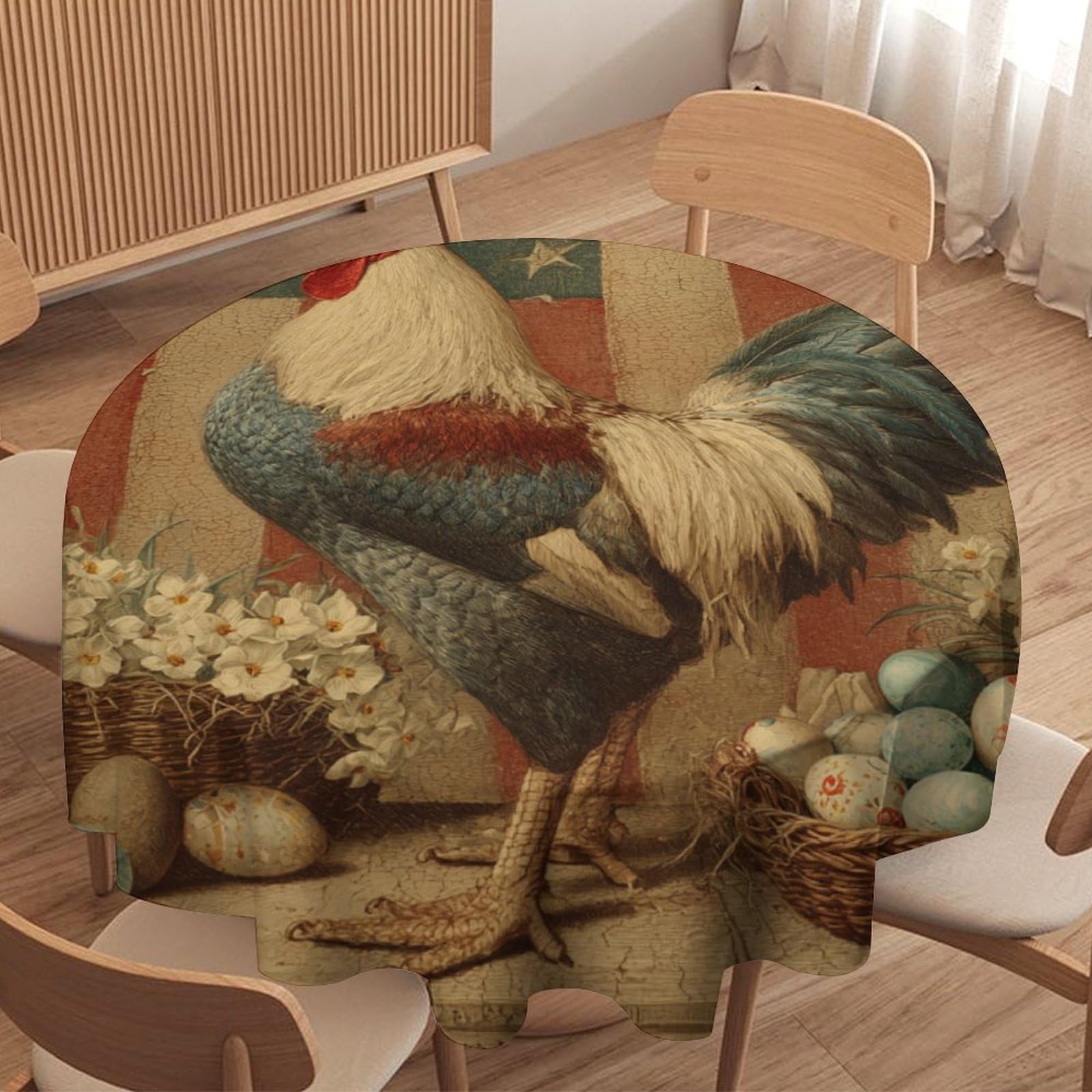 LUYYSKY Beautiful Abstract Animal Chicken Round Tablecloth Vintage Patriotic American Flag Daisies Flowers Animal Rooster Washable Decor for Table Cover for Kitchen-177.8" Wx177.8 L cm