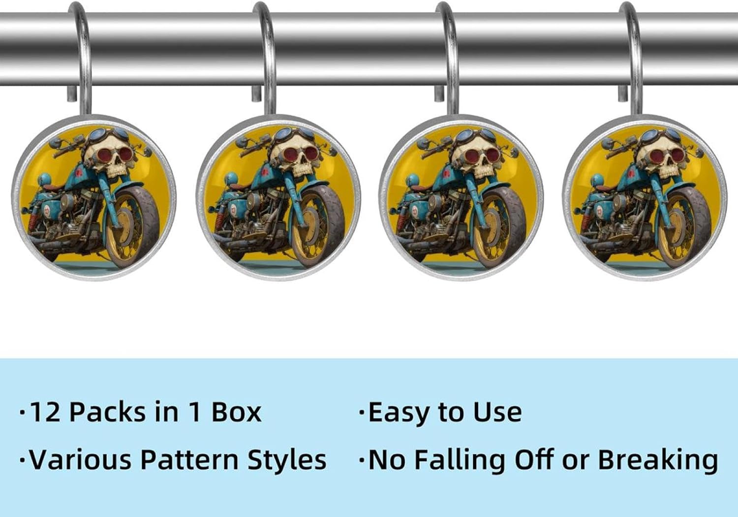 Set of 12 Skull Motorcycle (2) Shower Curtain Hooks, Stainless Steel Shower Hangers for Bathroom, Rustproof Decorative Shower Rings for Bedroom Living Room Shower Curtain Rod