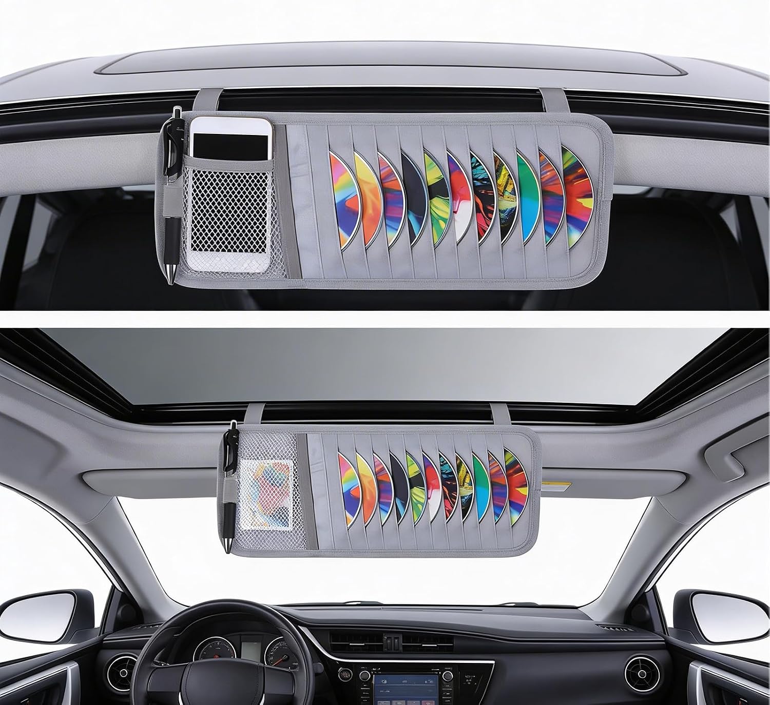 Visor CD Holder, Sun Visor CD Holder, Grey Car Visor CDs Holders with 12 Disc Sleeves 1 Mesh Pocket 1 Pen Holders & Elastic Strap