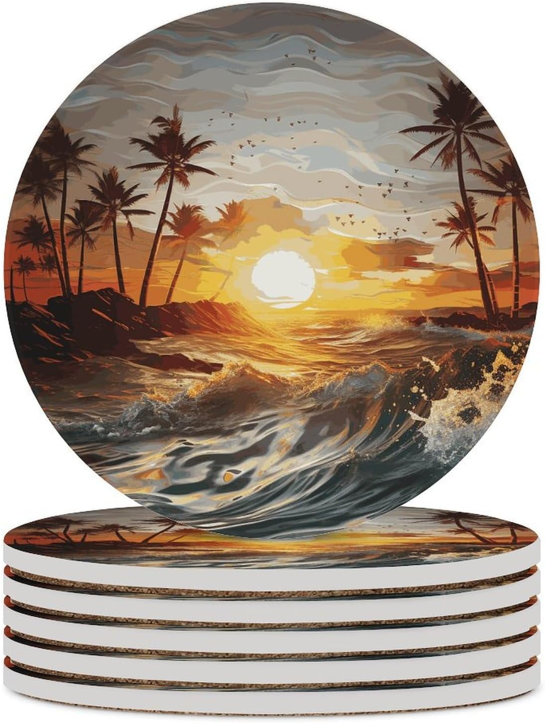 Palm Trees Ocean Waves Sunset Coasters Round Coasters Set Ceramic Stone Coaster with Cork Base Coffee Cup Beverage Cup Mat Cute Funny Table Drinks Coaster for Mugs and Cups Office Kitchen