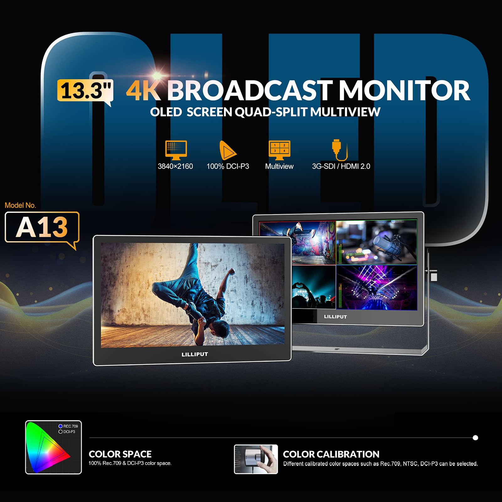 LILLIPUT A13 400 nits 13,3 pulgadas OLED Camera Field Monitor 4K HDMI Entrada/Salida Full HD 3840×2160 IPS Cámara Monitor Pertenece Video Peaking Multivista Focus Assist
