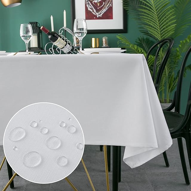 WELTRXE Square Table Cloth,140x140cm,Faux Linen Tablecloth,Water Resistant Spill Proof Wipeable Polyester Dining Table Cover for Cafe Restaurant Buffet Tabletop Decoration,White