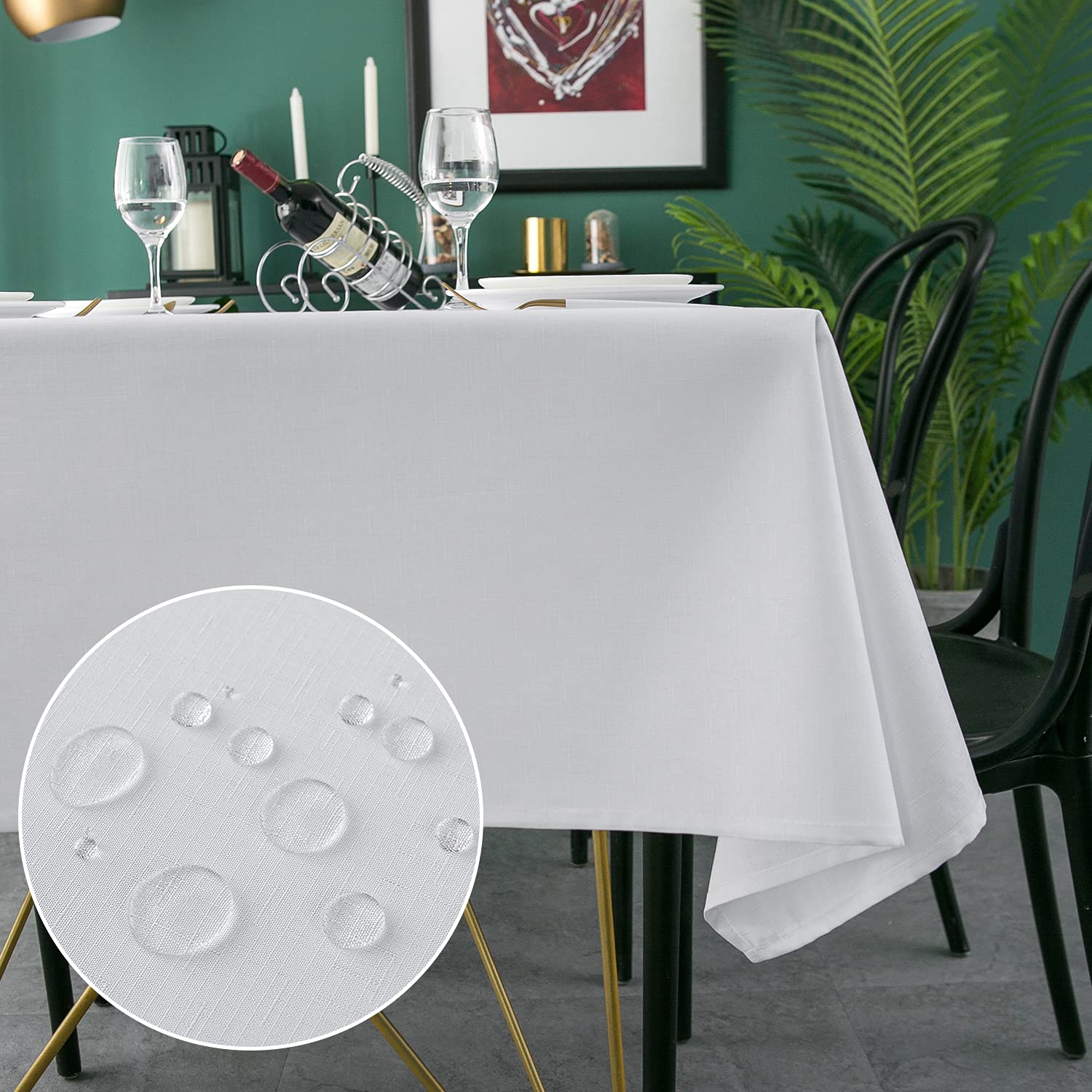 Yeahshion Rechteckige/Runde Schmutzabweisende Tischdecke, Polyester-Leinen-Effekt, wasserdichte Tischdecke für Tischschutz, Esszimmer, Restaurant
