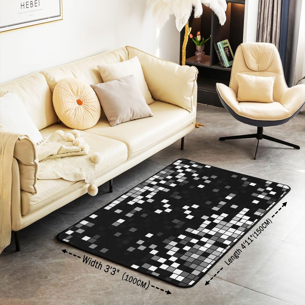 Feelyou Pixel Art Area Rug 3x5 Black White Living Room Rugs for Kids Boys Girls Bedroom Gaming Room Decor Decor Carpet with Non-Slip Backing Retro Gamer Indoor Floor Mat Soft Polyester