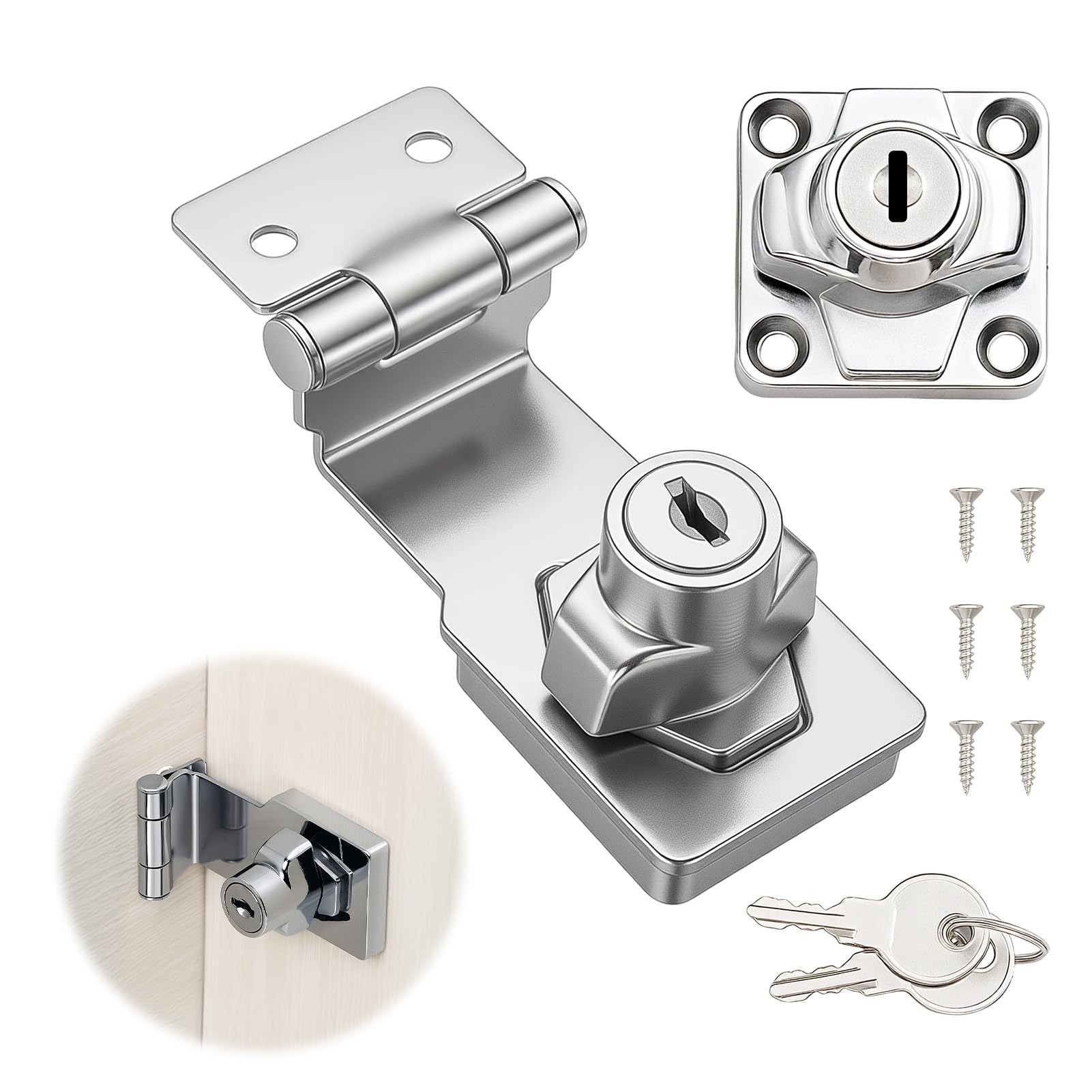Keyed Hasp Lock Right Angle 90 Degrees Lock Hasp with Padlock and Keys, Zinc Alloy Shed Door Clasp Latch