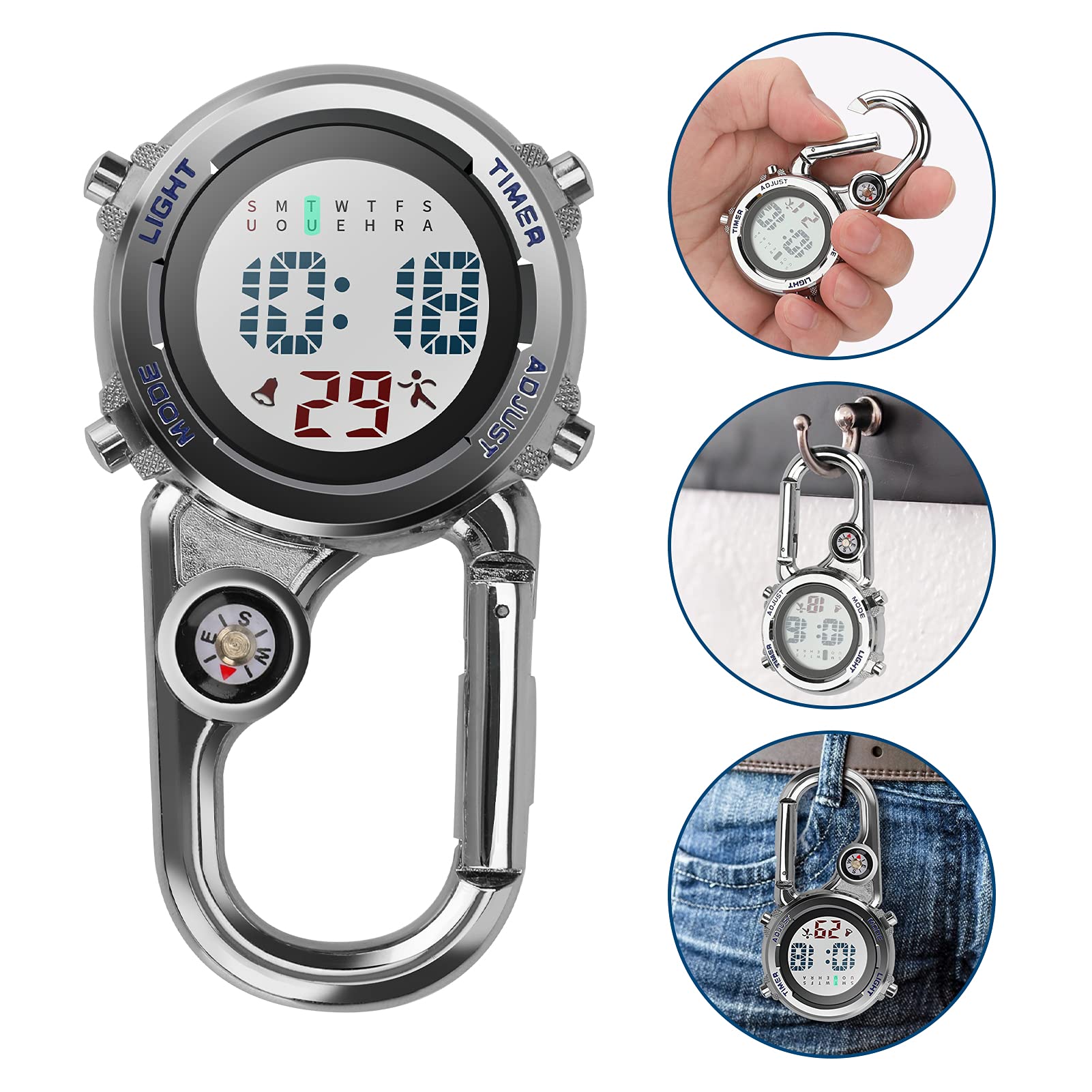 Montre à quartz numérique à clipser - Multifonctionnelle - Cadran lumineux - Boussole - Avec boussole - Pour médecins, infirmières, ambulanciers, chefs - Unisexe
