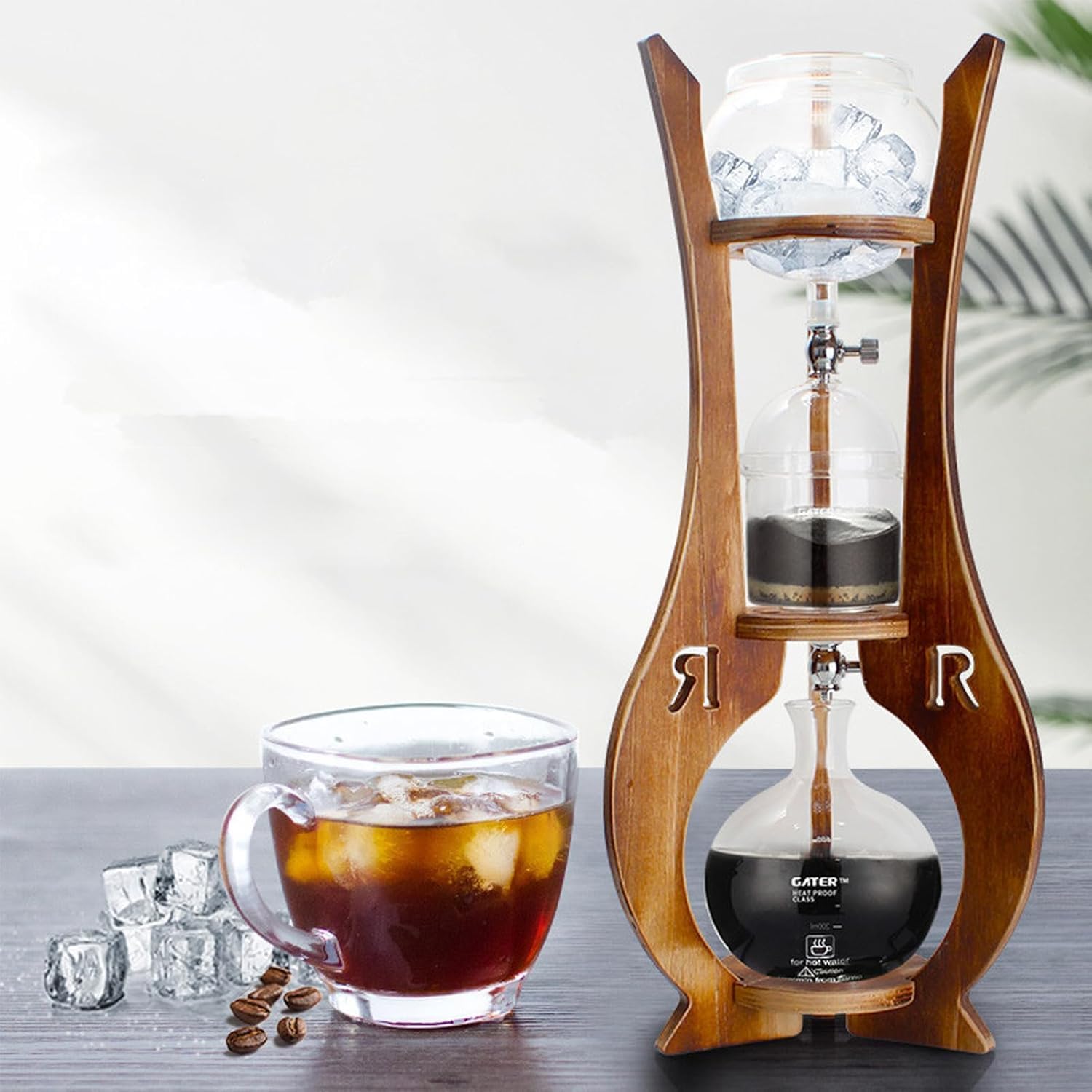Cold Brew Drip Tower - 600ml Ice Coffee Maker with Double Valve, Wooden Stand & Slow Drip Technology - Perfect for Home & Office Brewed Coffee Lovers