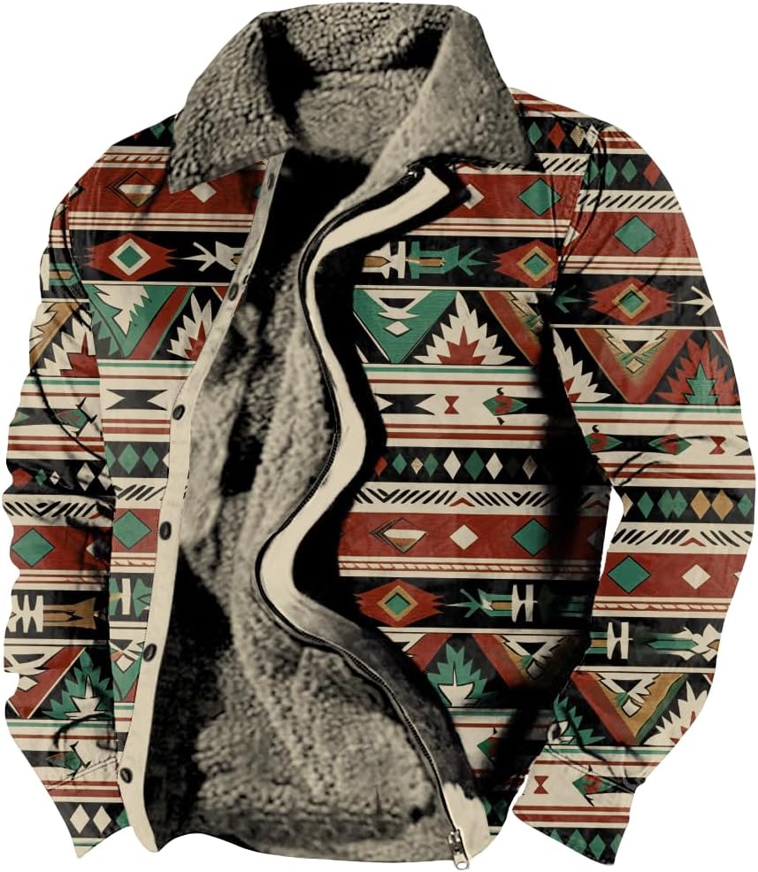 Mens Aztec Fleece Jacket Vintage Ethnic Sherpa Lined Zip up Jacket Fashion Winter Warm Collared Western Coat