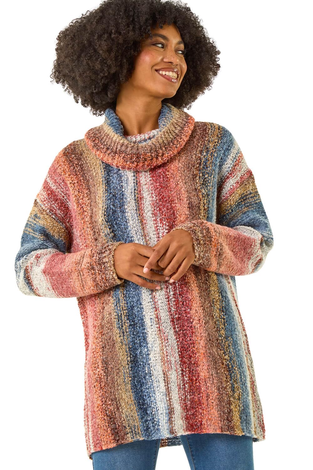 Roman Originals Women's Multi Stripe Boucle Stripe Cowl Neck Jumper For Uk - Everyday Autumn Winter Comfy Soft Evening Vacation Work Party Night Out - Size 14