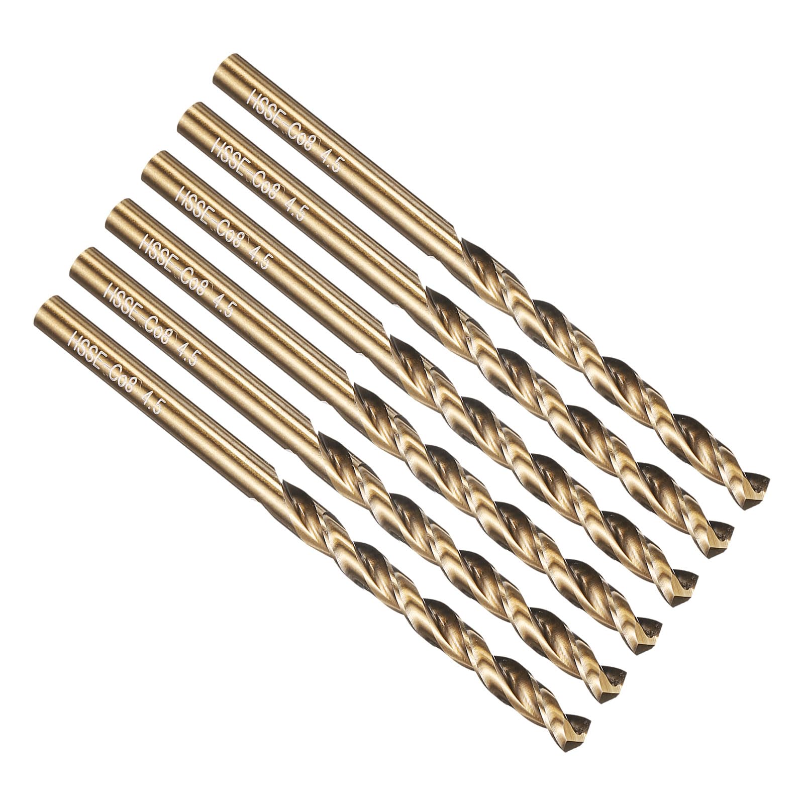PATIKIL 4.5mm Drill Bit, M42 8% Cobalt High-Speed Steel Jobber Straight Shank 135° Gold Finish for Hard Metal High-temperature Titanium Alloy - 6 Pack
