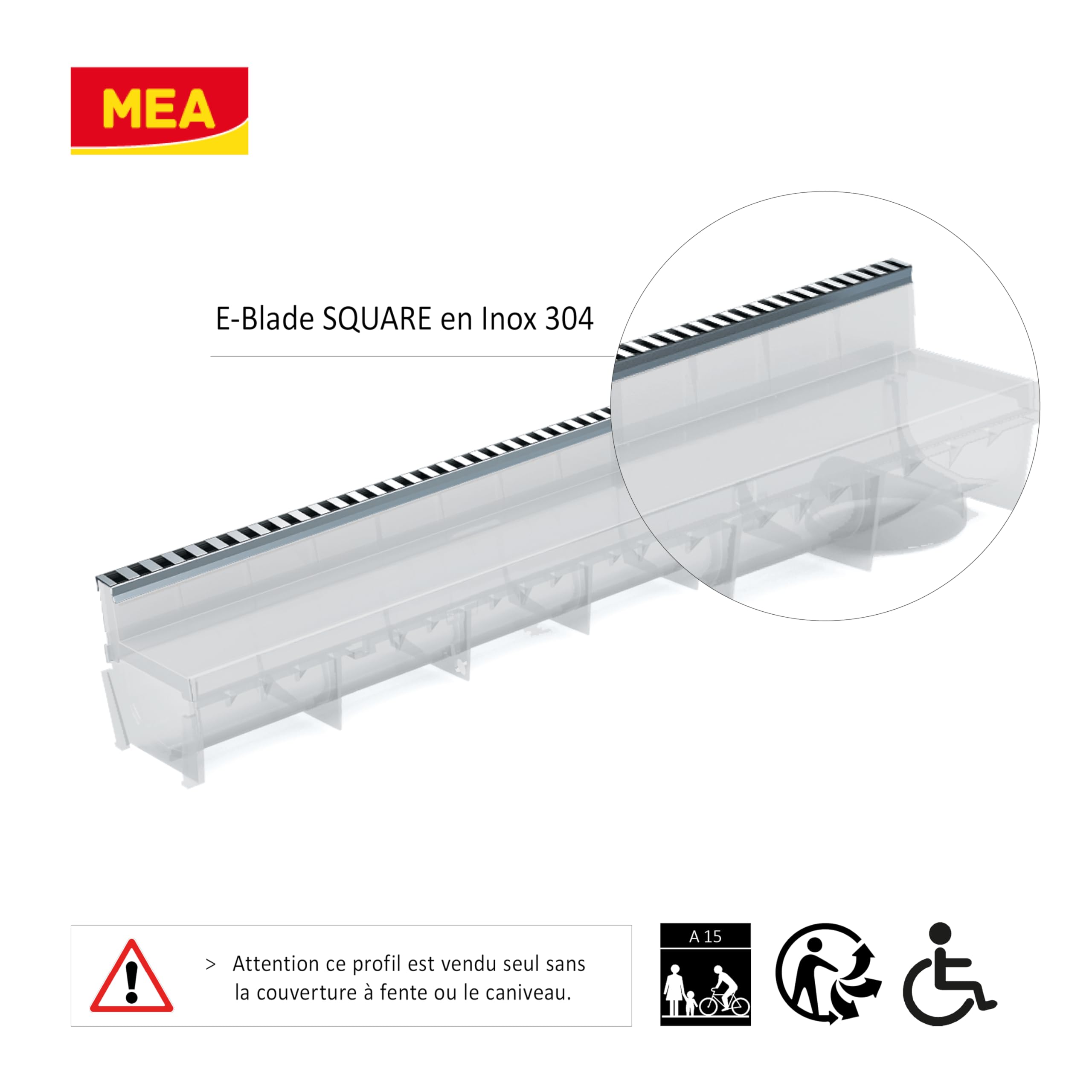 MEA Profil Couvrant E-Blade L en INOX pour Caniveaux MEAPARK à Grille à Fente en PP Recyclé – Design Dynamique avec Ouvertures en Damier – Finition Moderne