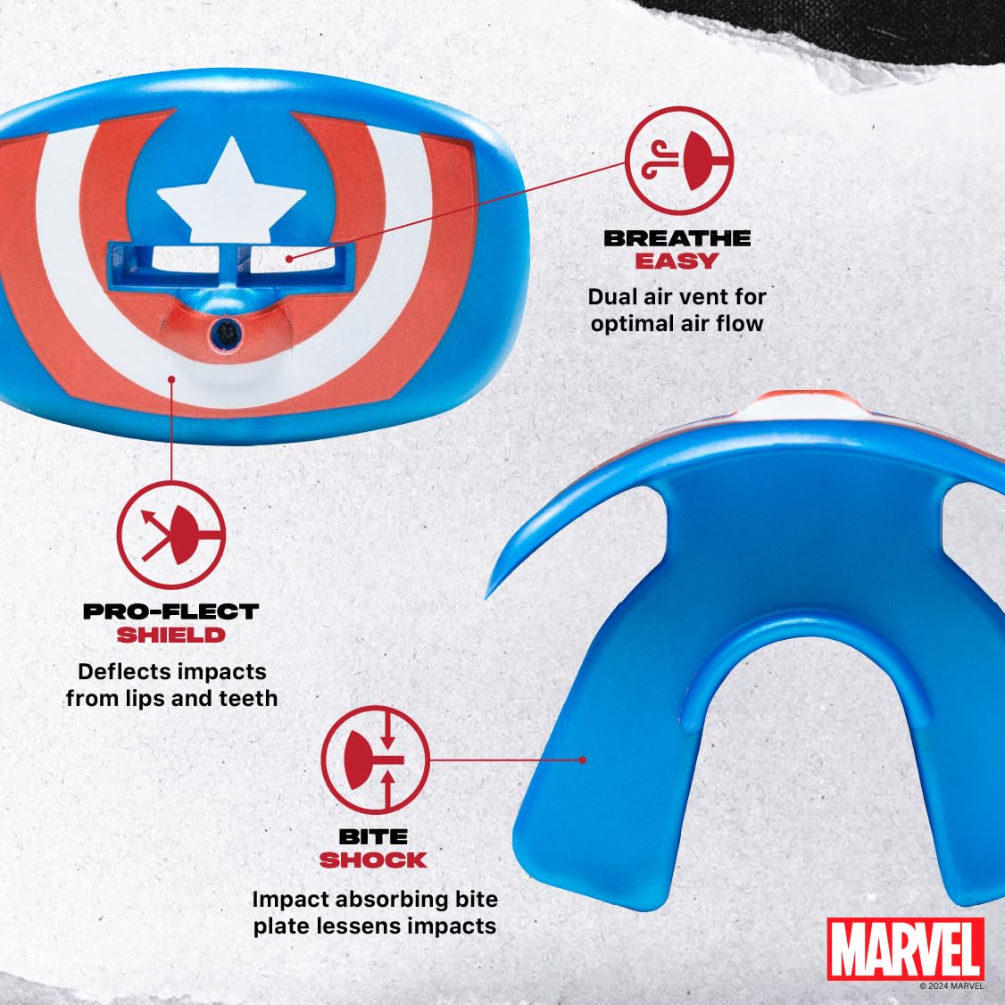 Marvel Captain America Protection Lèvres Adulte et Junior Protège-Dents pour Boxe, Basketball, Lacrosse, Football, MMA, Arts Martiaux, Hockey et Tous Sports de Contact
