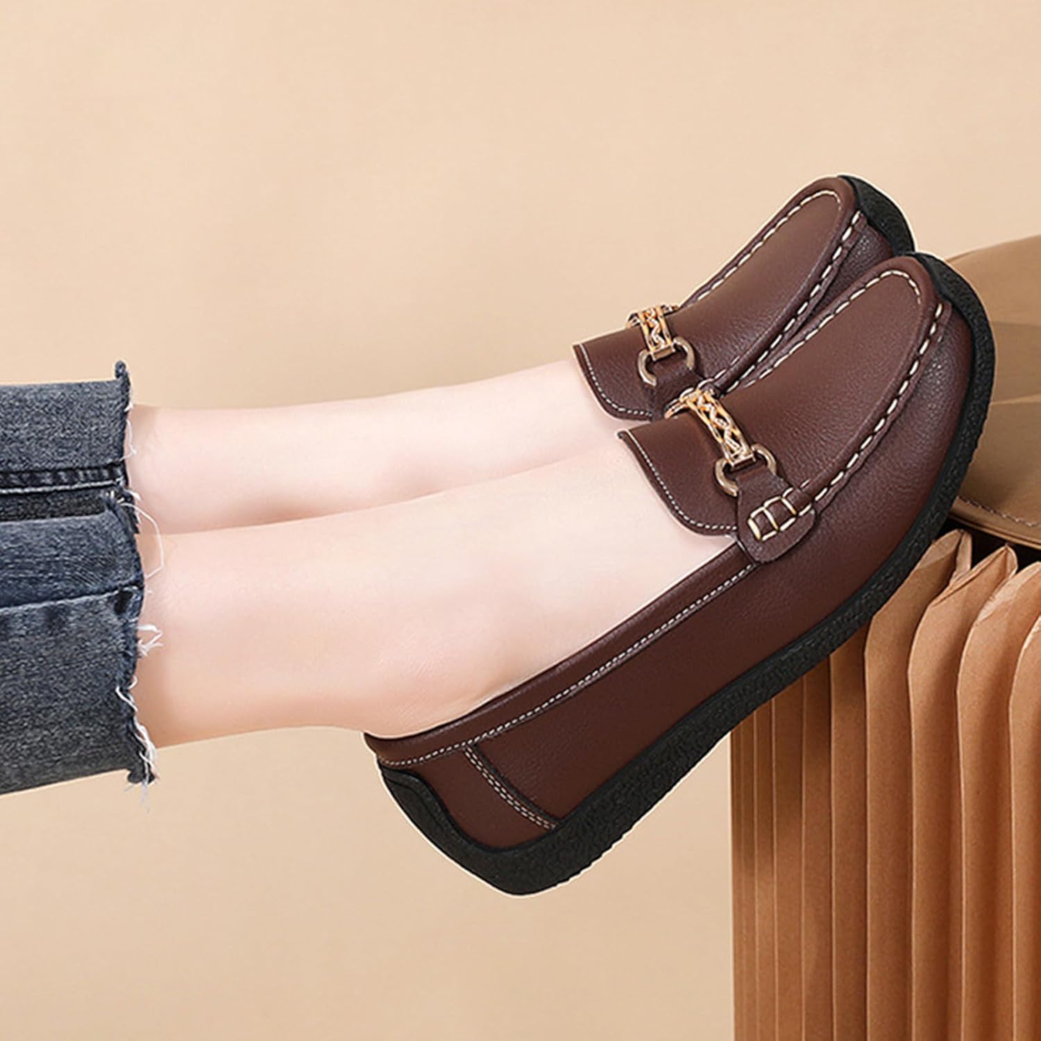 Women's Leather Moccasin Flats Loafers Comfortable Lightweight Non Slip Casual Driving Penny Shoes Daily Work Slip On Walking Shoes - Image 6