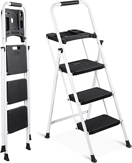 ZENY 3 Step Ladder, Folding Step Stool for Adults, Portable Steel Ladder with Tool Platform, Wide Anti-Slip Pedal, Safety Locking, Lightweight (White)