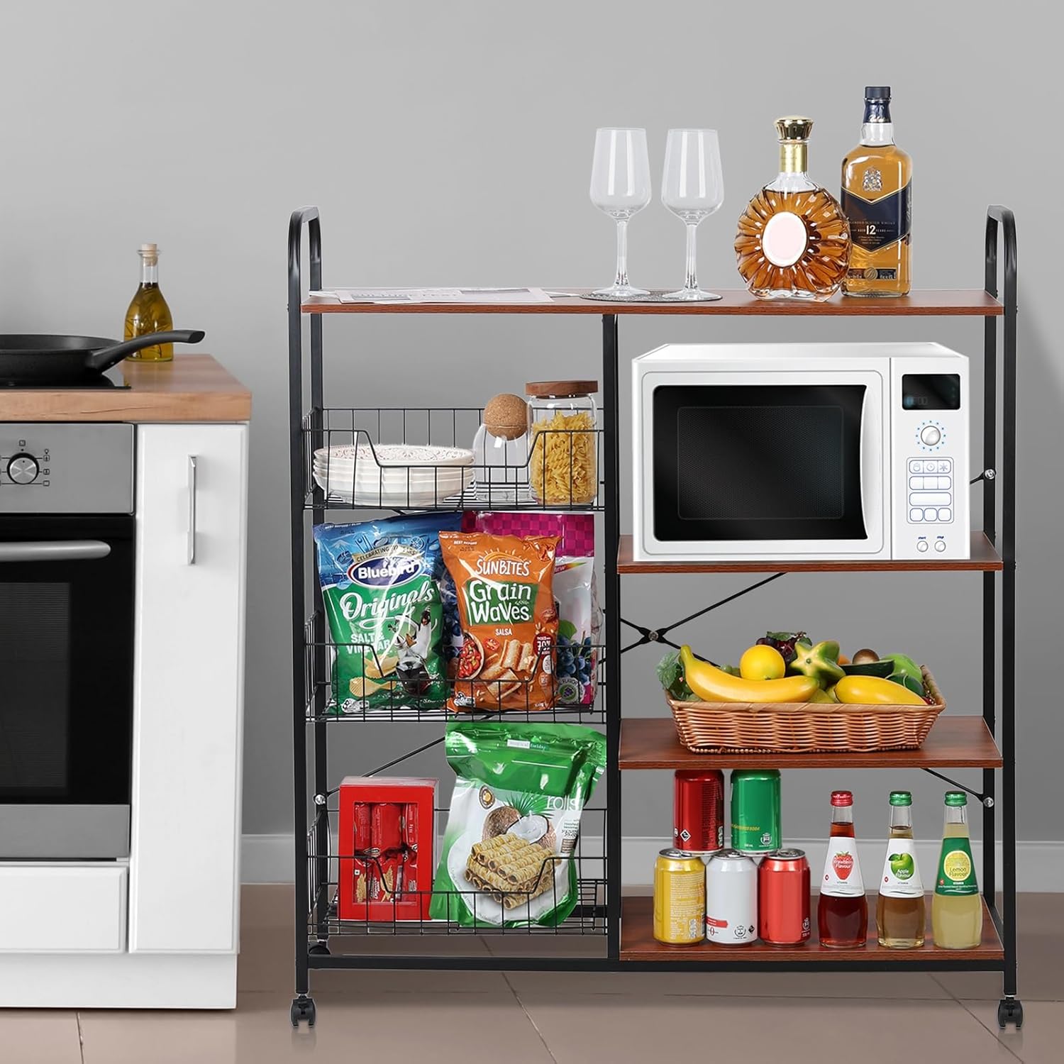 35.43 Inch Kitchen Baker Rack,4 Tier Stackable Storage Basket,Vegetable Basket Storage Shelf,Freestanding Kitchen Stand,Coffee Bar Station with 360 Degree Wheels,Spice Rack Microwave Oven S