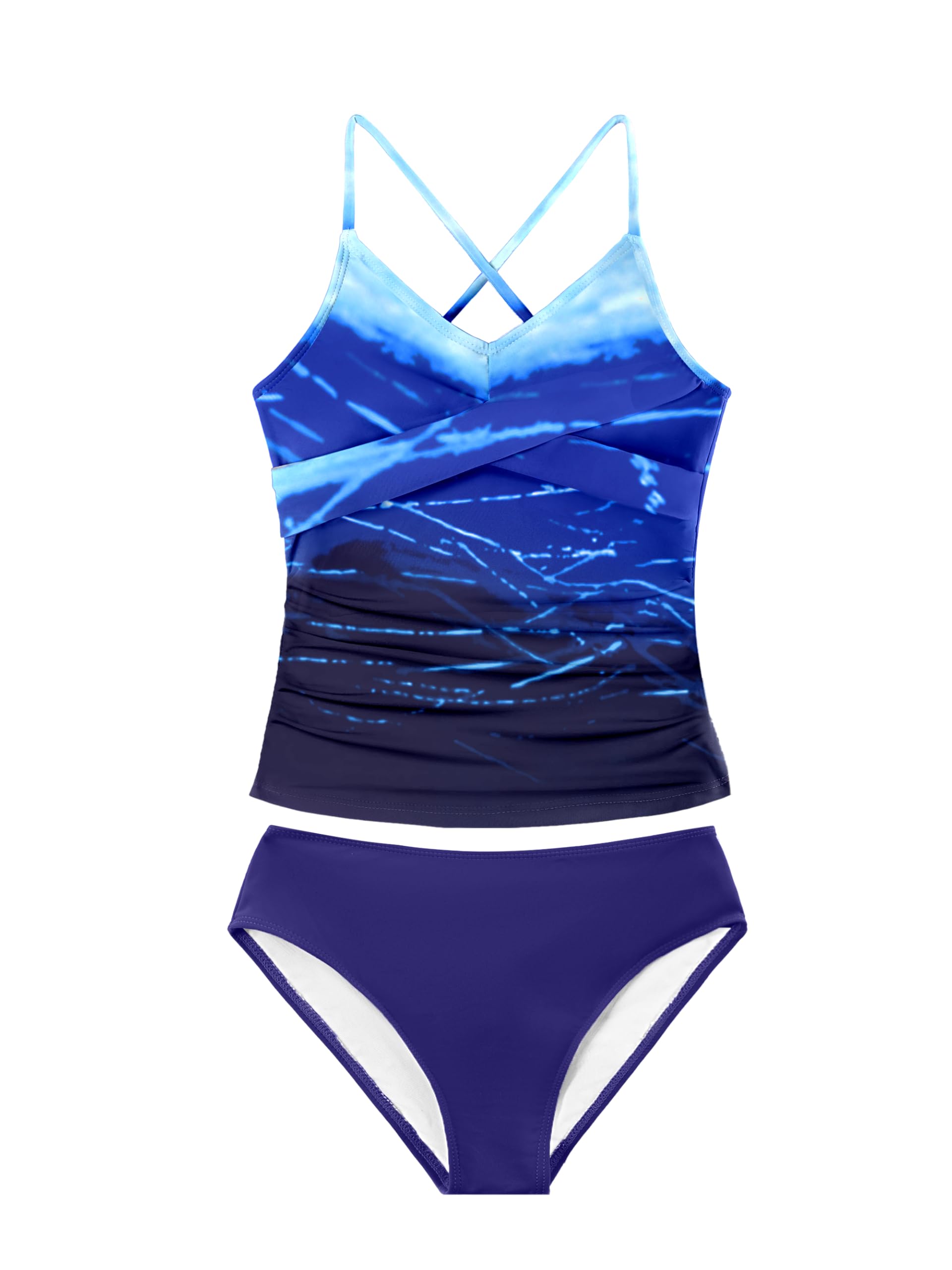 Photo 1 of Girls Swimsuit Tankini Criss Cross Ruched 2 Piece Bathing Suit Printed Girl Swimwear for Teens 9-16Y