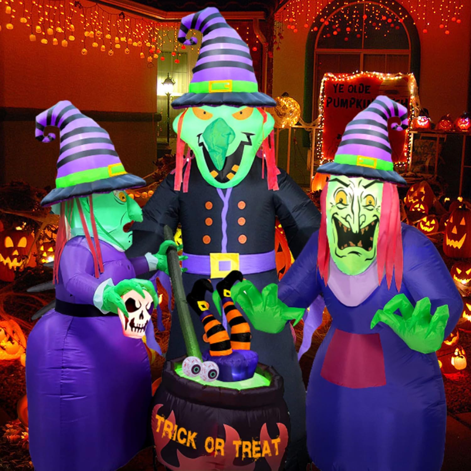 6FT Halloween Inflatable Three Witches with 7 LED Lights | Spooky Outdoor Halloween Decorations | Witchy Cauldron Blow Up Yard Decor | Family-Friendly Halloween Inflatables for Lawn and Home