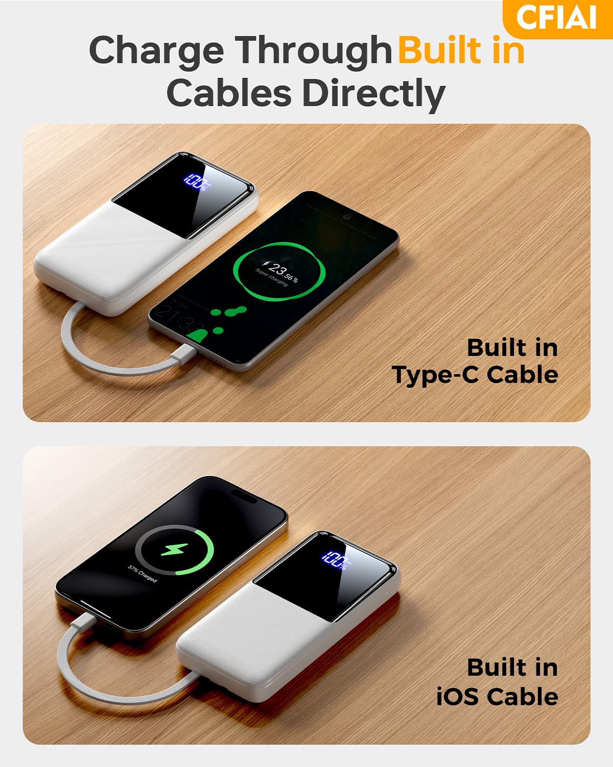 Portable Charger Power Bank - 15,000mAh Battery Pack Portable Phone Charger with Built in Cable 22.5W Fast Charging Powerbank Compatible with iPhone Android Samsung Phone, Travel Camping Essential