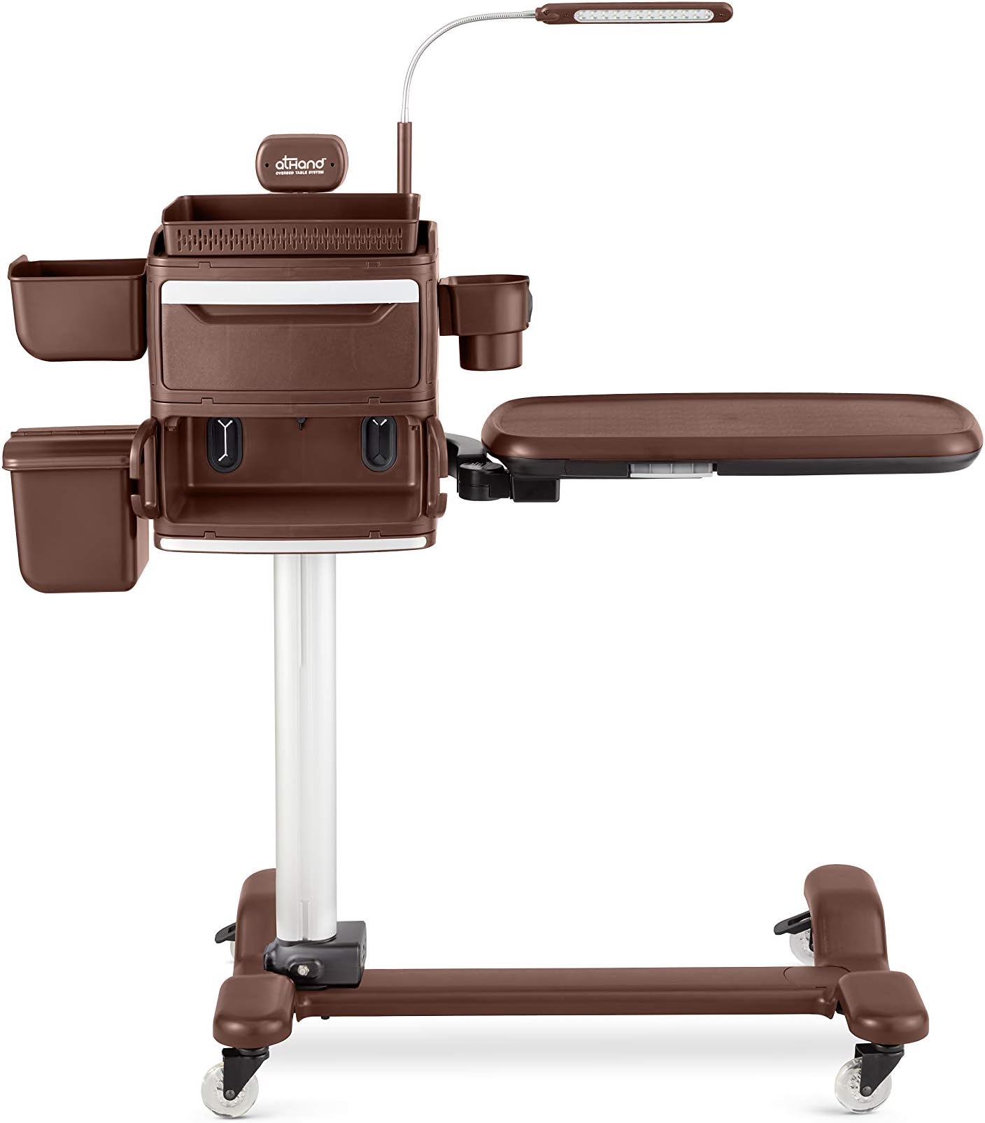 Overbed Table System Bundle - The ONLY Tray Table with Storage Drawers, Charging Ports, Extra Power Outlets & Reading Lights. Table for Bed Or Chair Side. Incl Accessory Kit (Brown, Left Side)