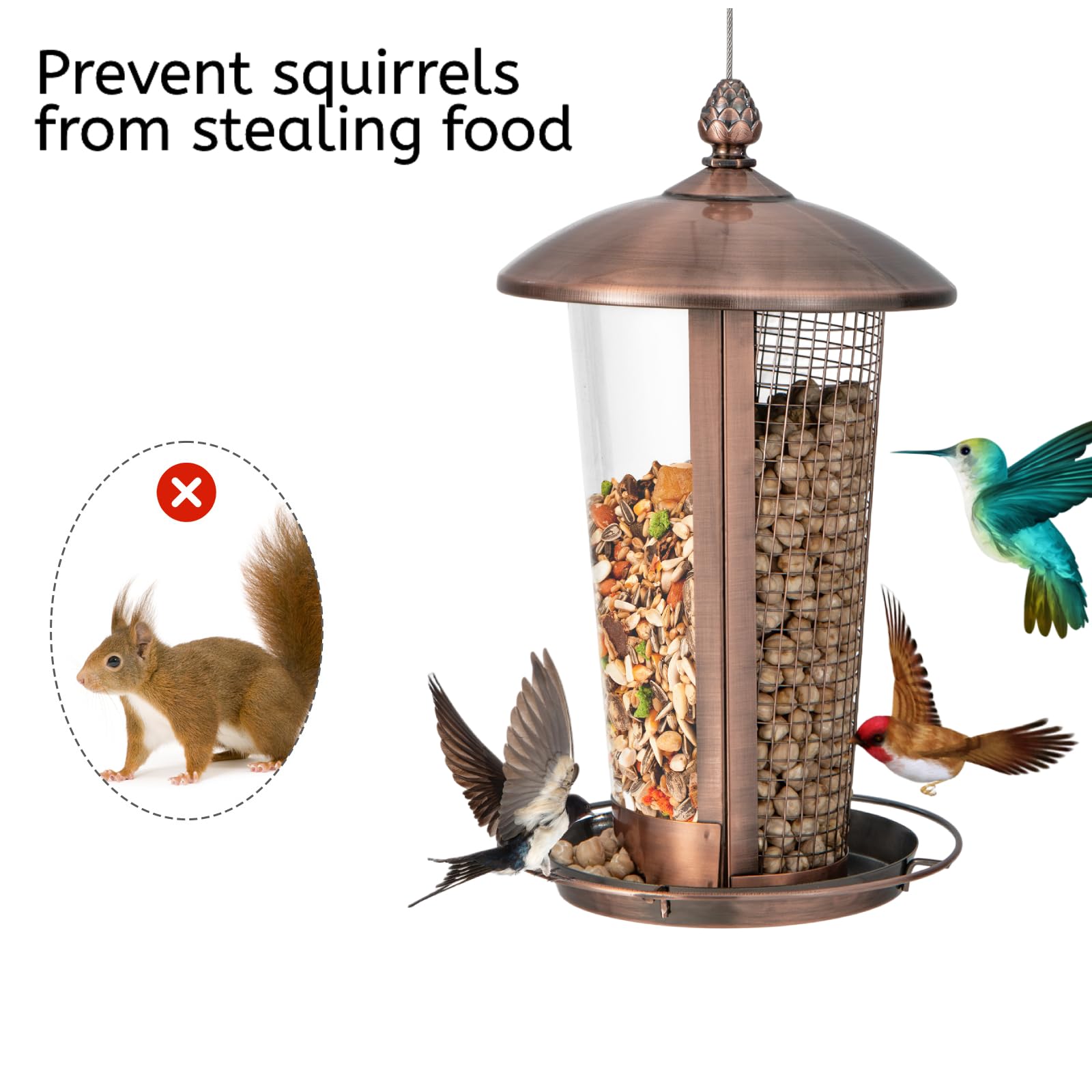 Mangiatoia per semi di uccelli 2 in 1, stazione per uccelli sospesi per tutte le stagioni con rete metallica/tubi trasparenti, coperchio in metallo e filo di acciaio, contenitore per alimenti per u